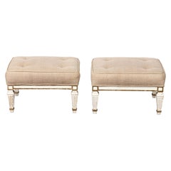 Pair of White Upholstered Benches with Tufted Seats