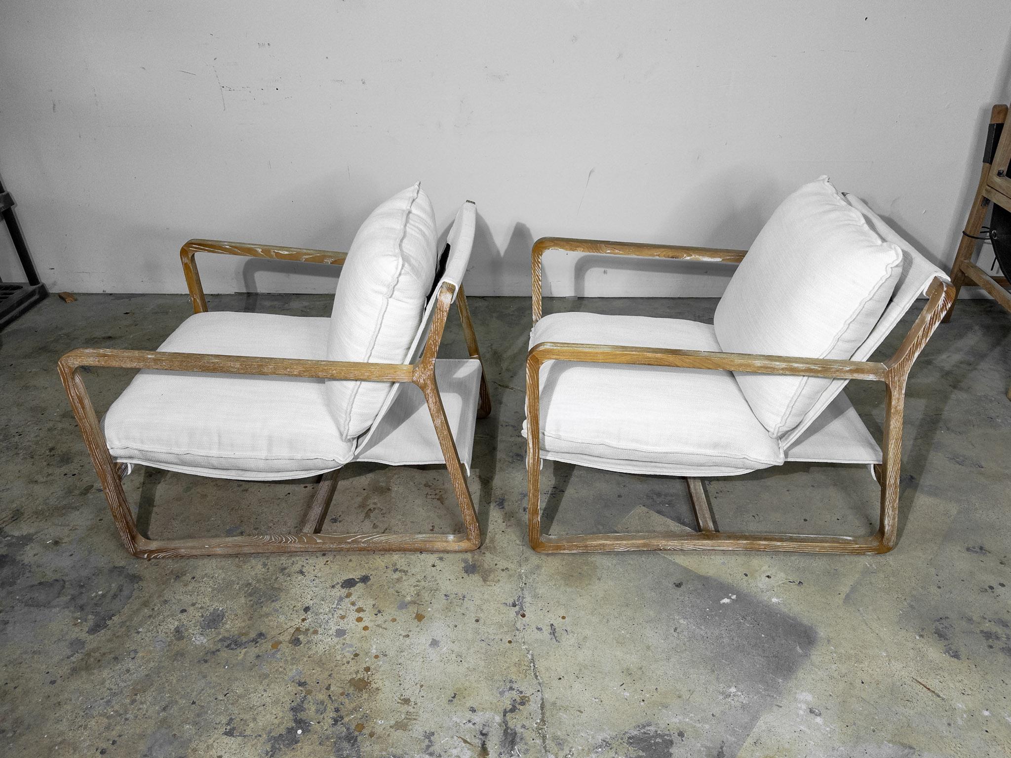 Pair of White Upholstered Sling Chairs with Cushions In Good Condition In Houston, TX