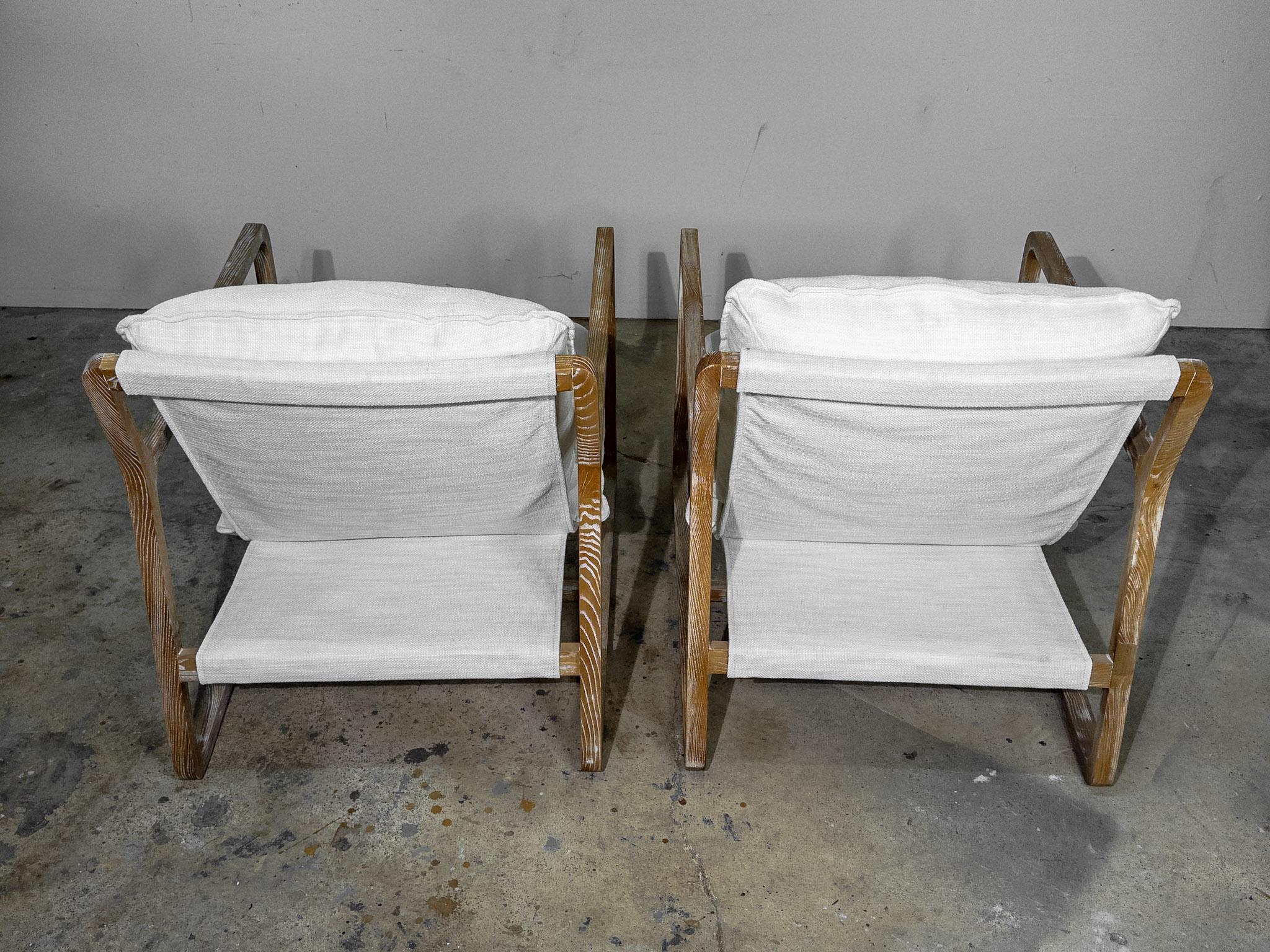 Fabric Pair of White Upholstered Sling Chairs with Cushions