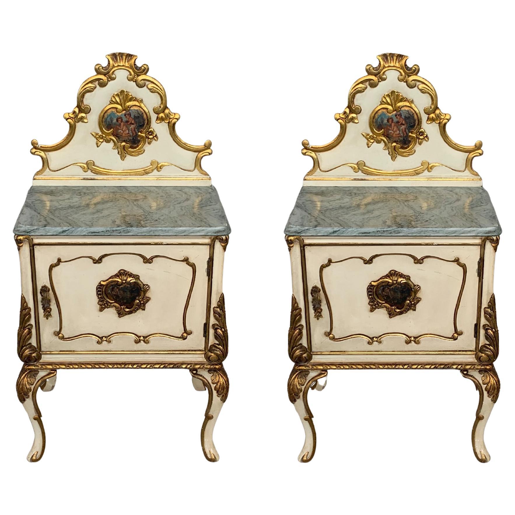 Pair of White Venetian Nightstands with Marble Top and Crest Handpainted Motifs