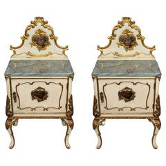 Used Pair of White Venetian Nightstands with Marble Top and Crest Handpainted Motifs