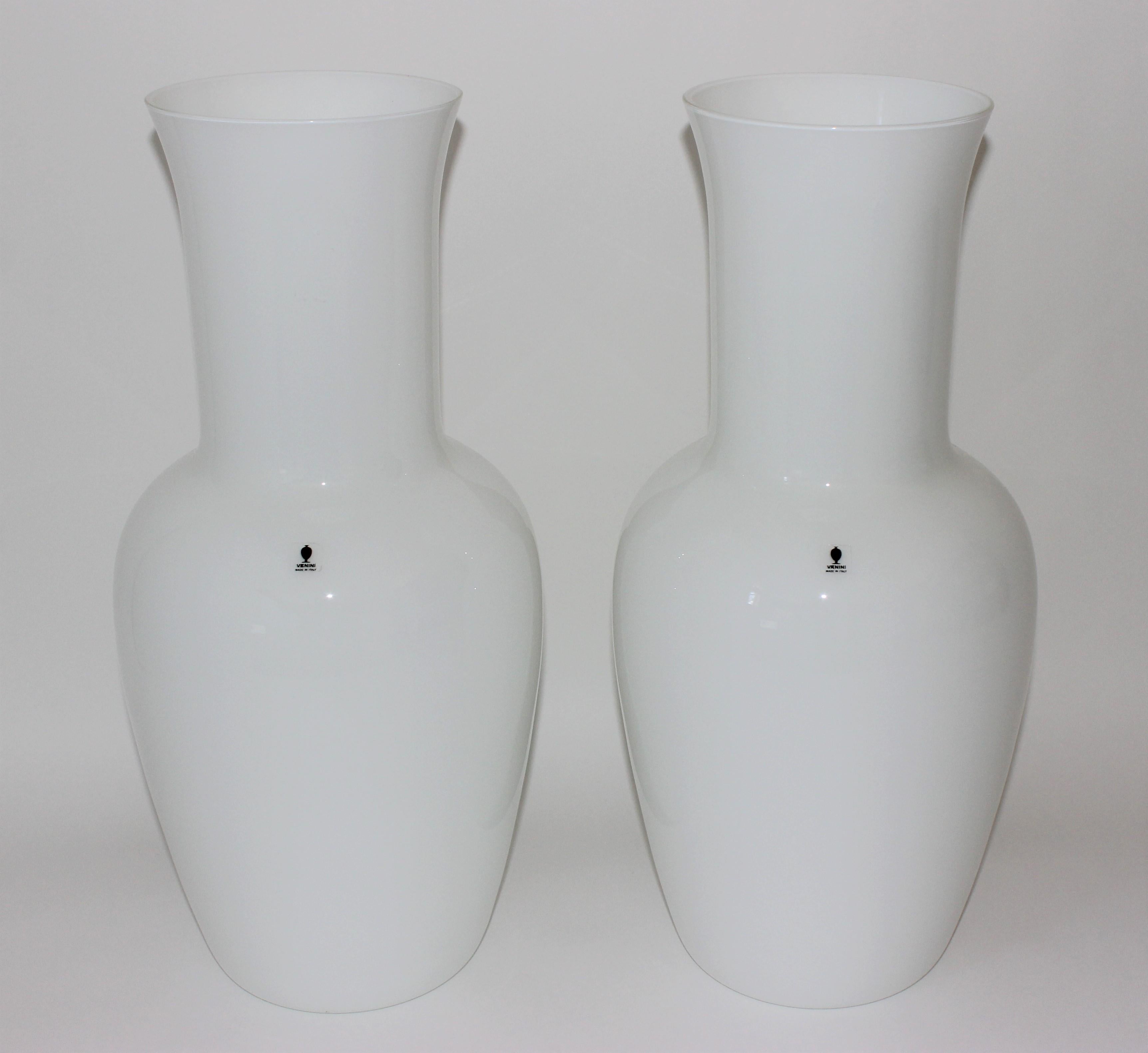 Italian Pair of White Venini Murano Glass Vases For Sale