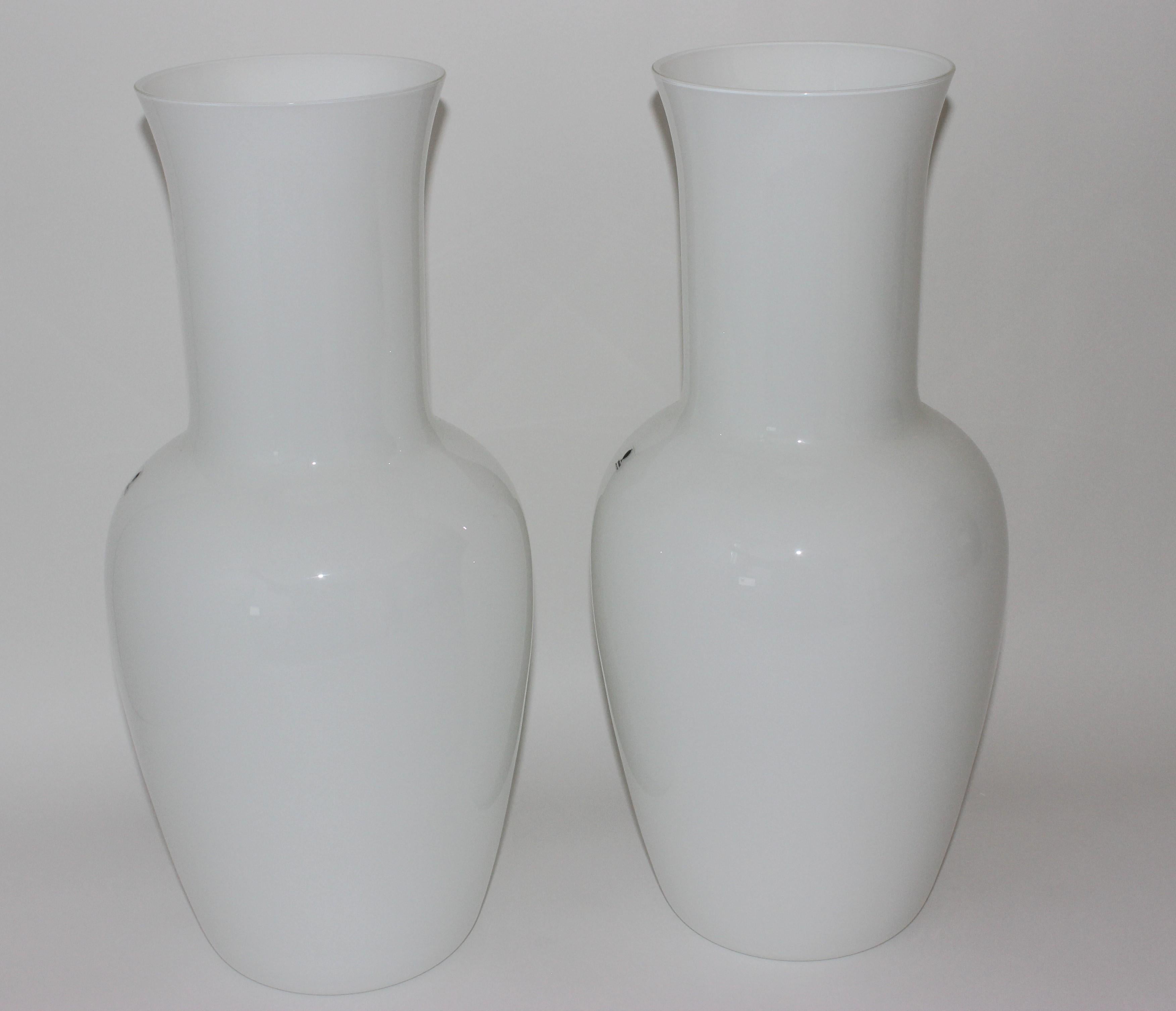 Hand-Crafted Pair of White Venini Murano Glass Vases For Sale