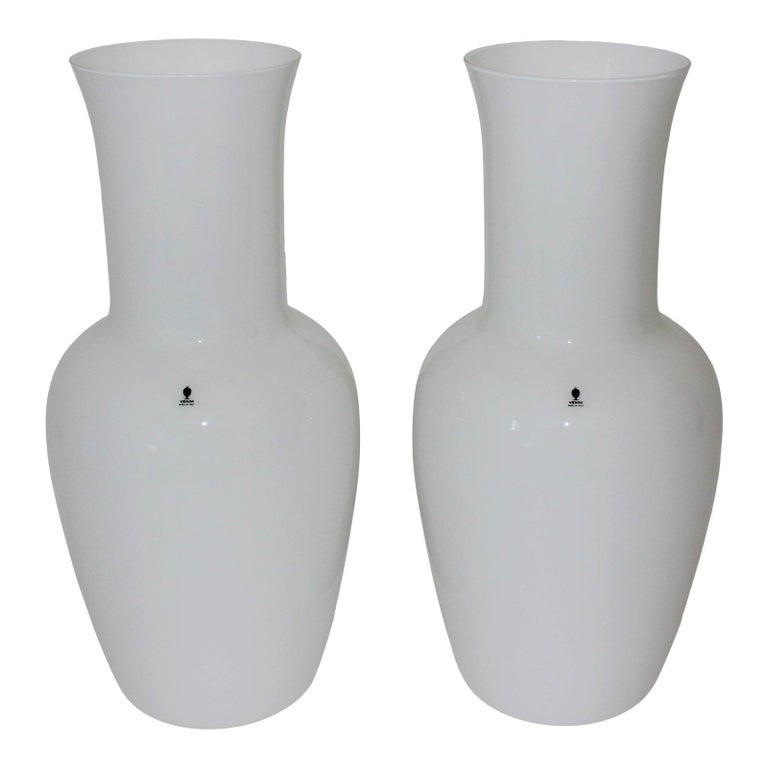 Pair of White Venini Murano Glass Vases For Sale