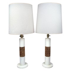 Pair of White Vintage Table Lamps with Cork Accents