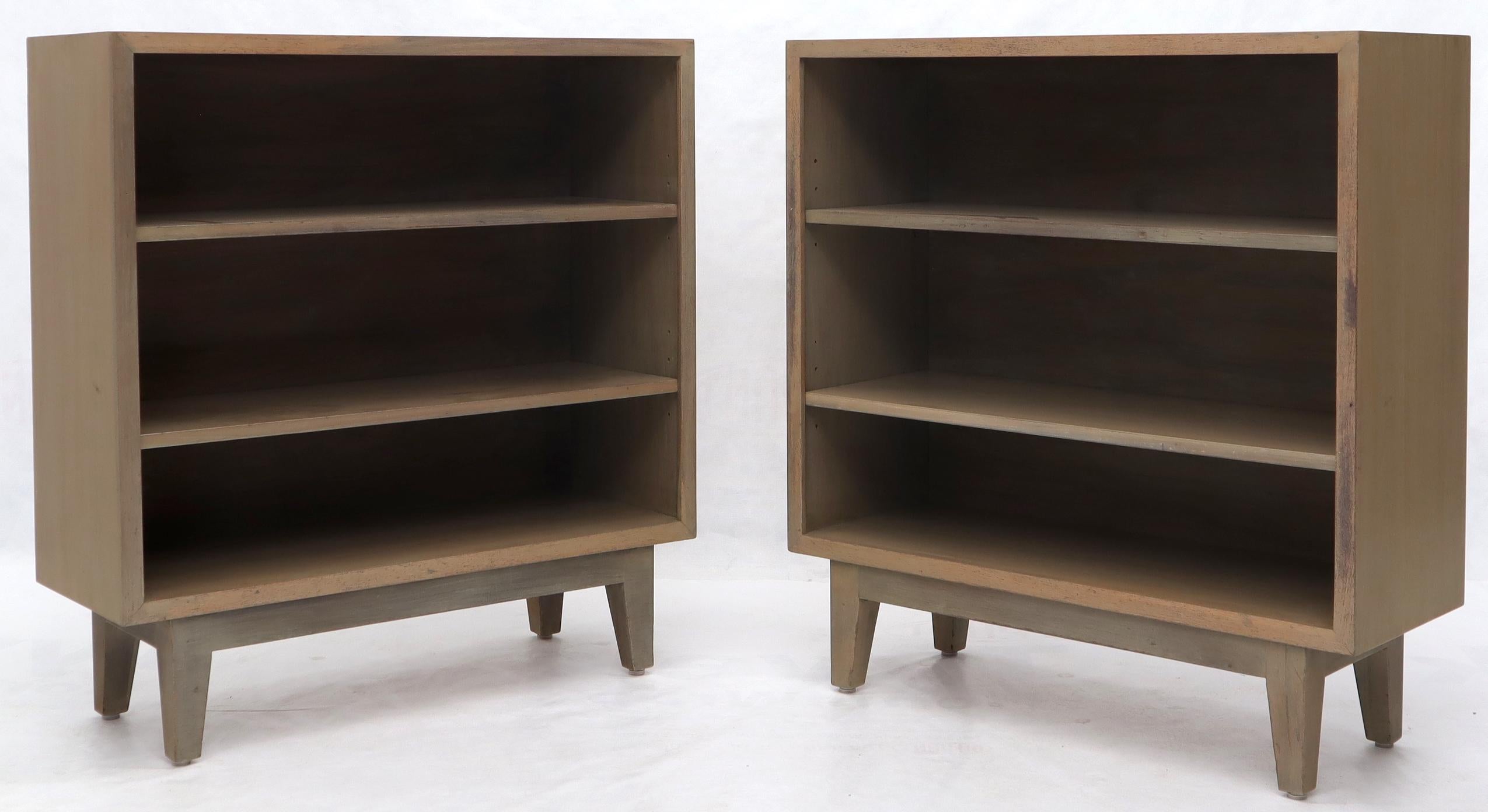 Pair of Mid-Century Modern vintage solid mahogany bookcases in white wash finish.
  