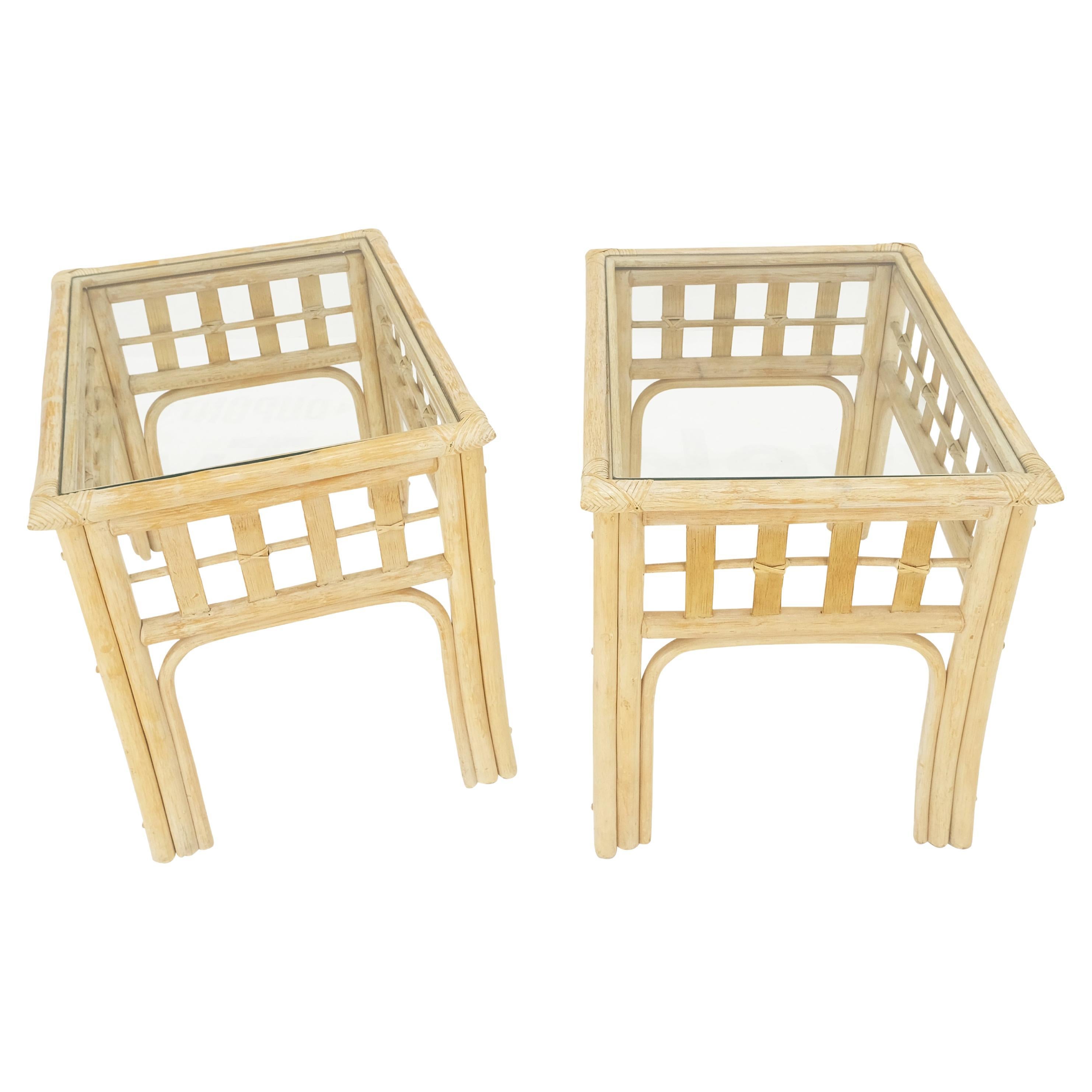 Pair of White Wash Pickle Finish Rattan Rectangle Glass Top End Side Tables MINT For Sale