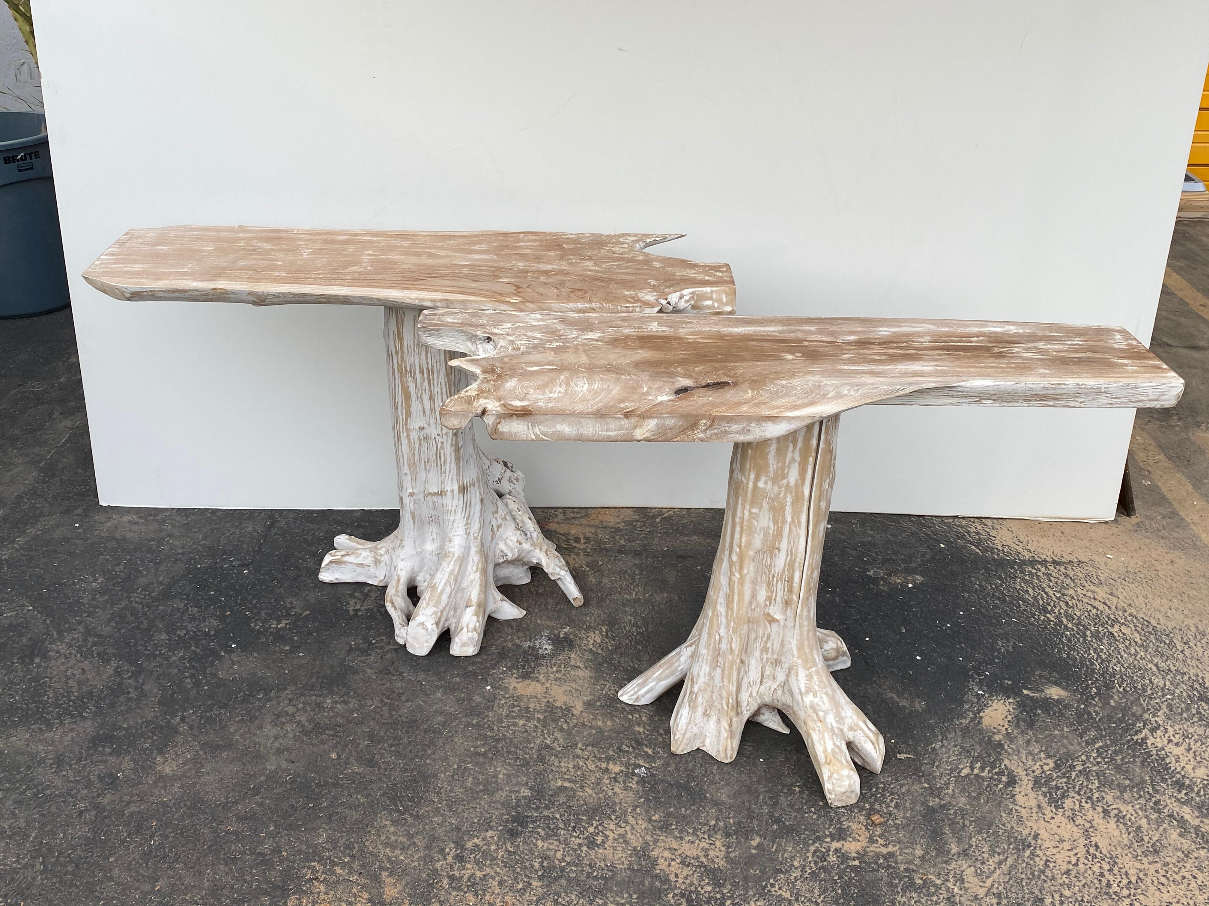 Pair of white wash finish teak root console tables.
