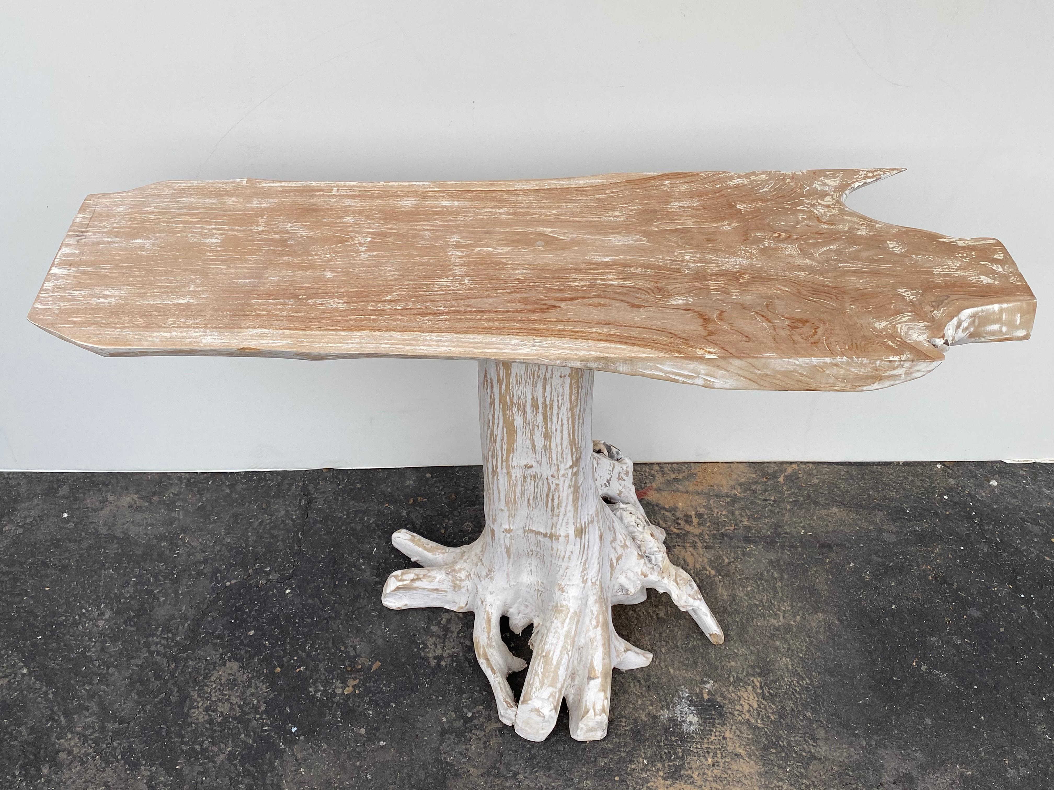 Organic Modern Pair of White Wash Teak Root Console Tables