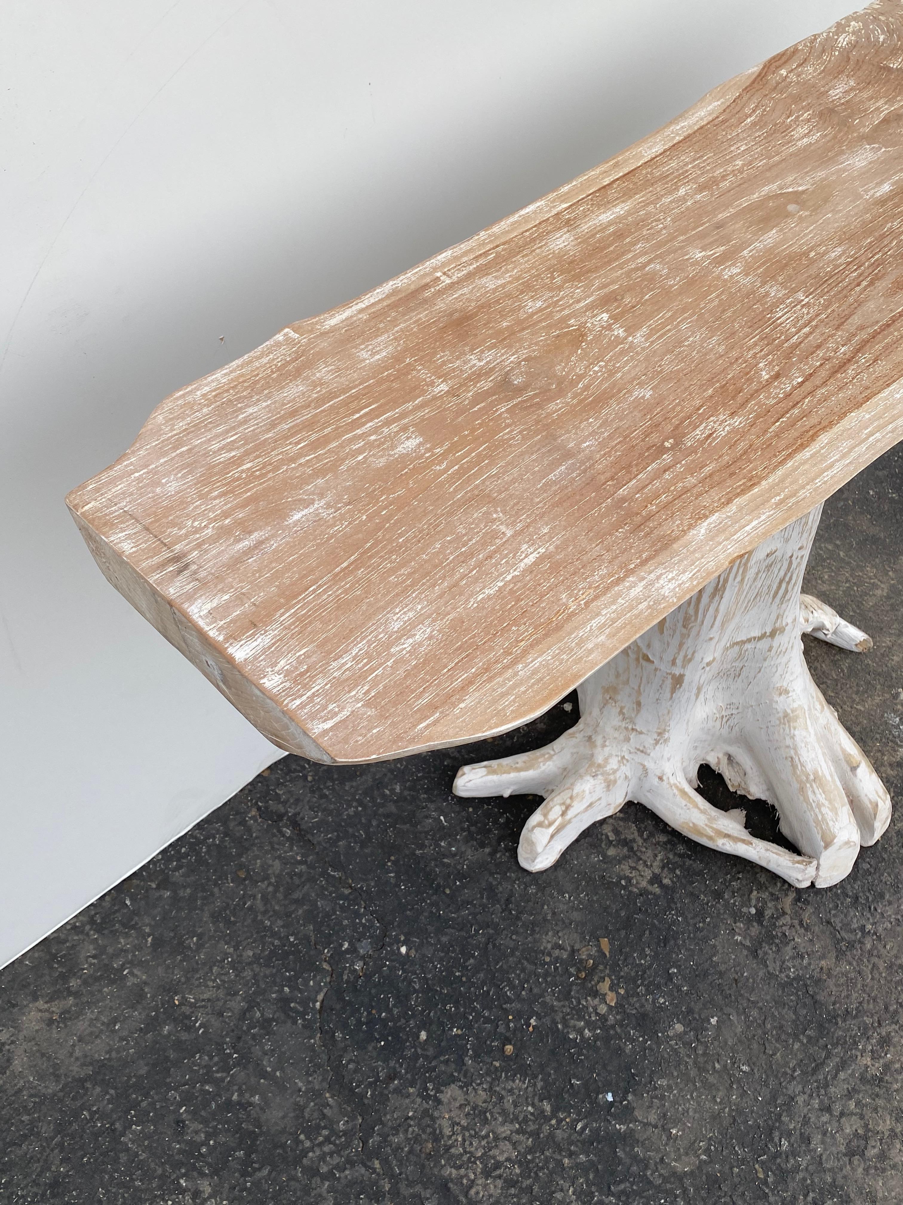 Late 20th Century Pair of White Wash Teak Root Console Tables
