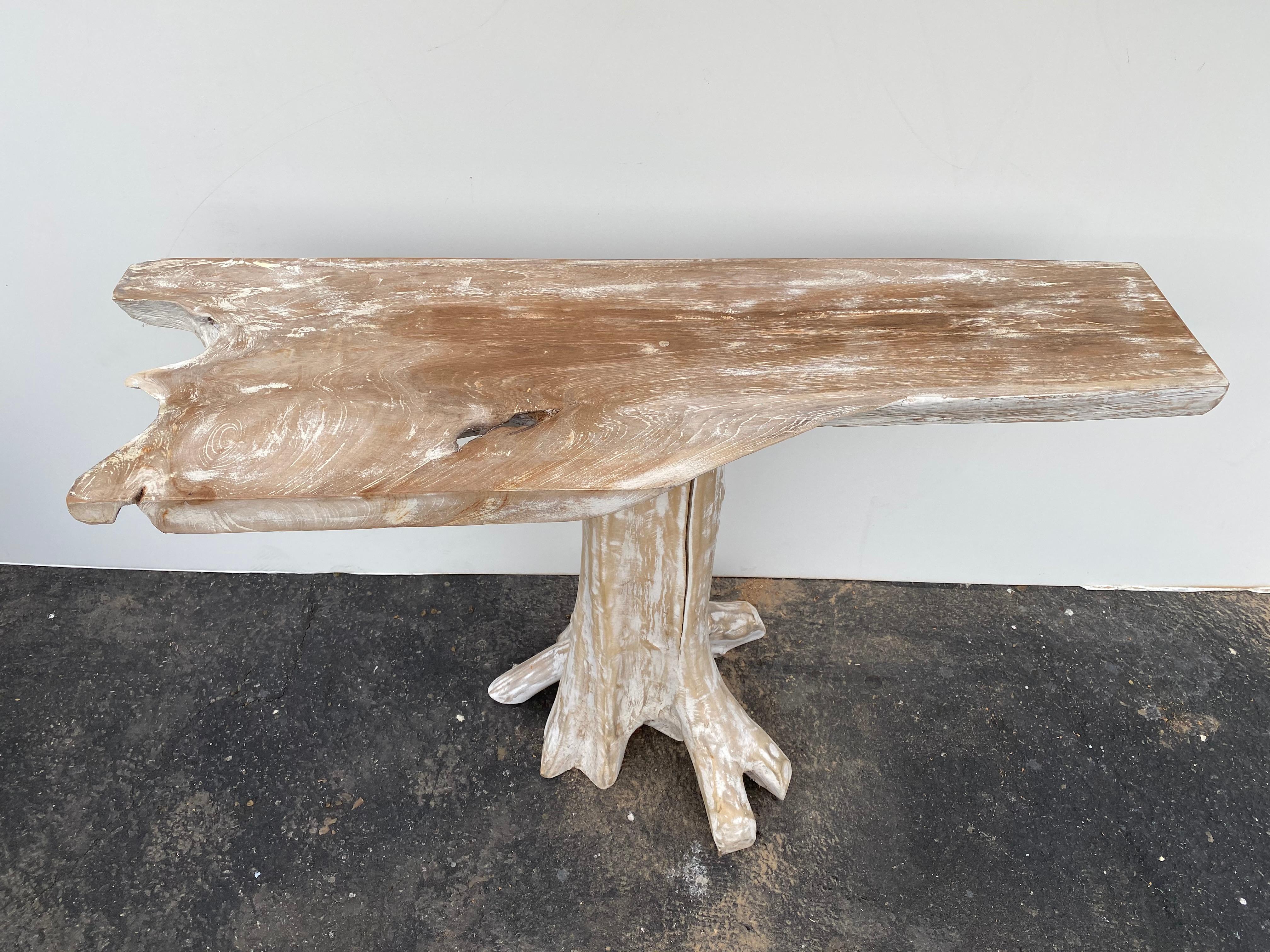 Pair of White Wash Teak Root Console Tables 2