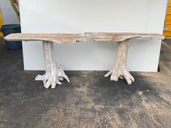 Pair of White Wash Teak Root Console Tables
