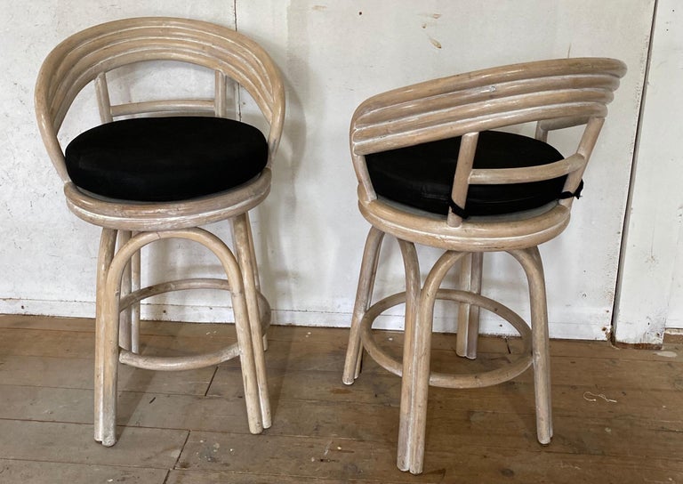 Pair of White Washed Bamboo Bar Stools In Good Condition For Sale In Great Barrington, MA