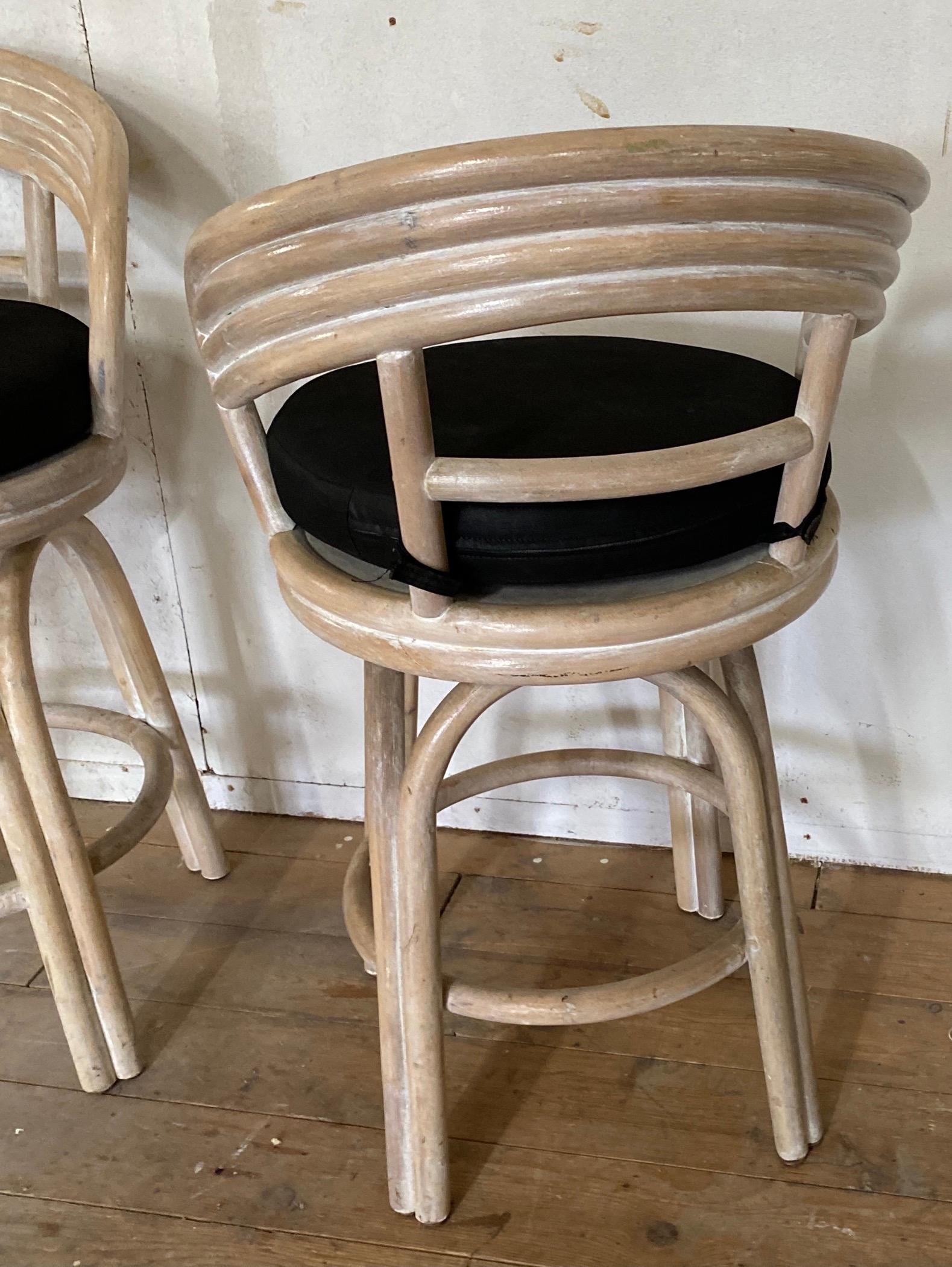 Mid-Century Modern Pair of White Washed Bamboo Bar Stools For Sale