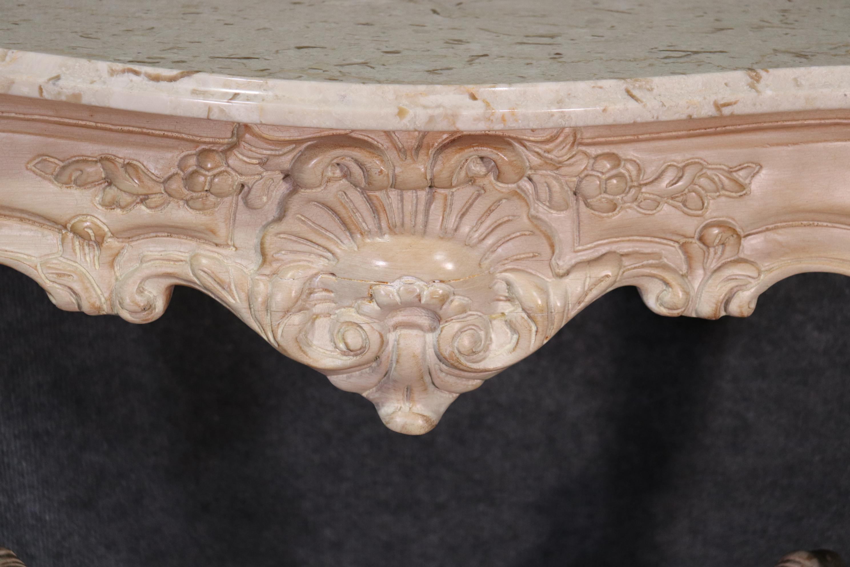 Beech Pair of White Washed French Louis XV Marble-Top Wall Mounted Console Tables