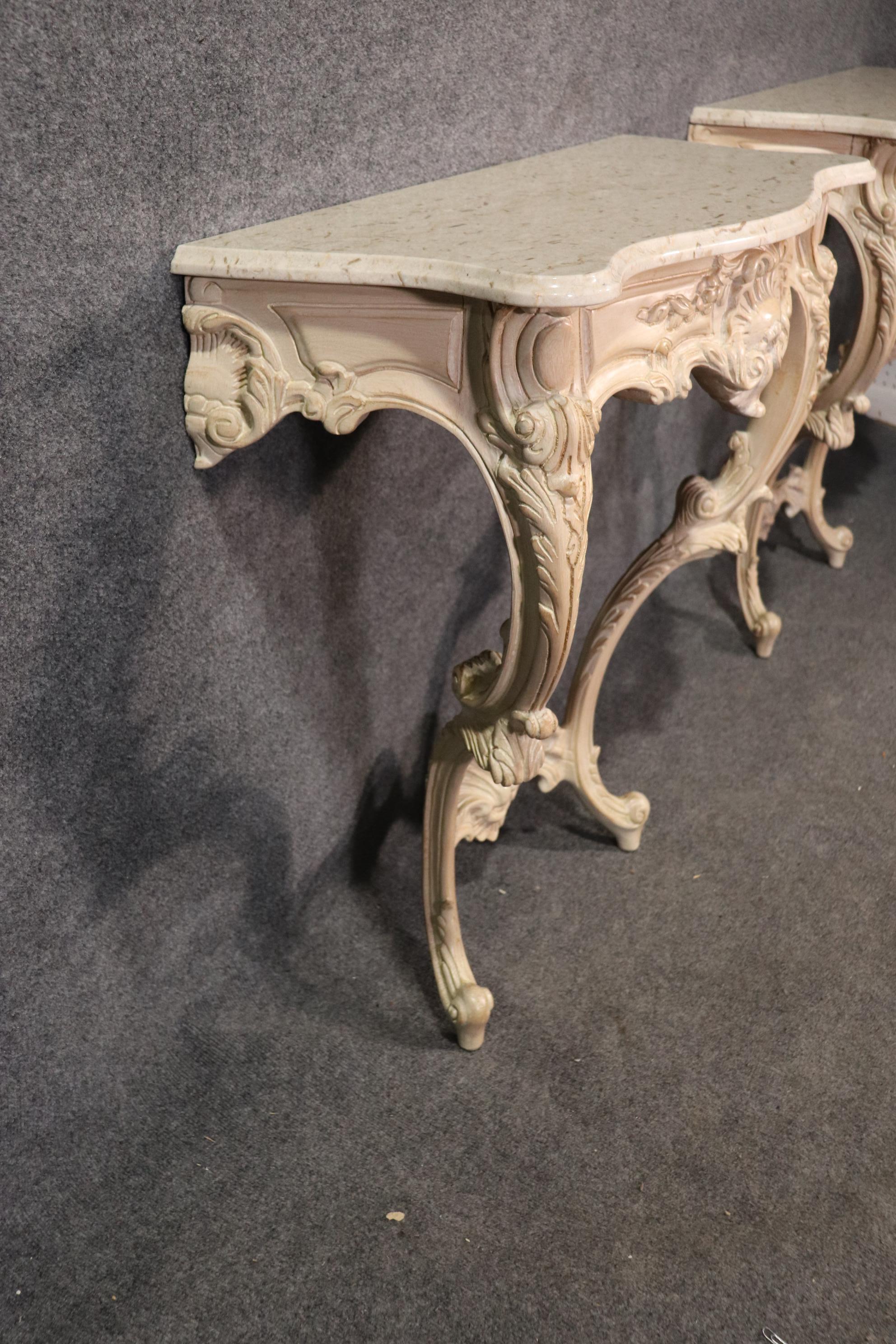 Pair of White Washed French Louis XV Marble-Top Wall Mounted Console Tables 2