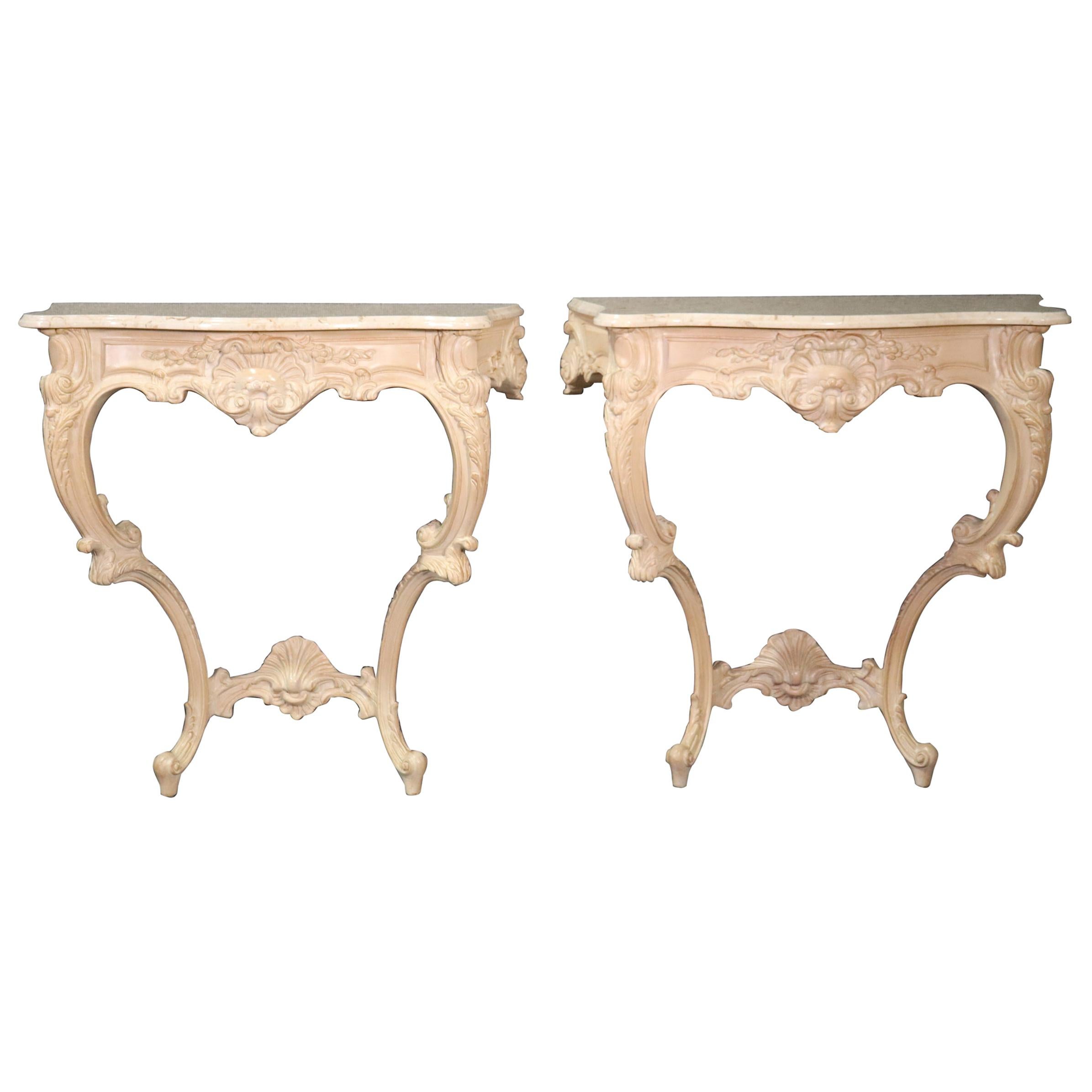 Pair of White Washed French Louis XV Marble-Top Wall Mounted Console Tables