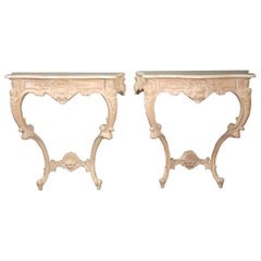 Pair of White Washed French Louis XV Marble-Top Wall Mounted Console Tables
