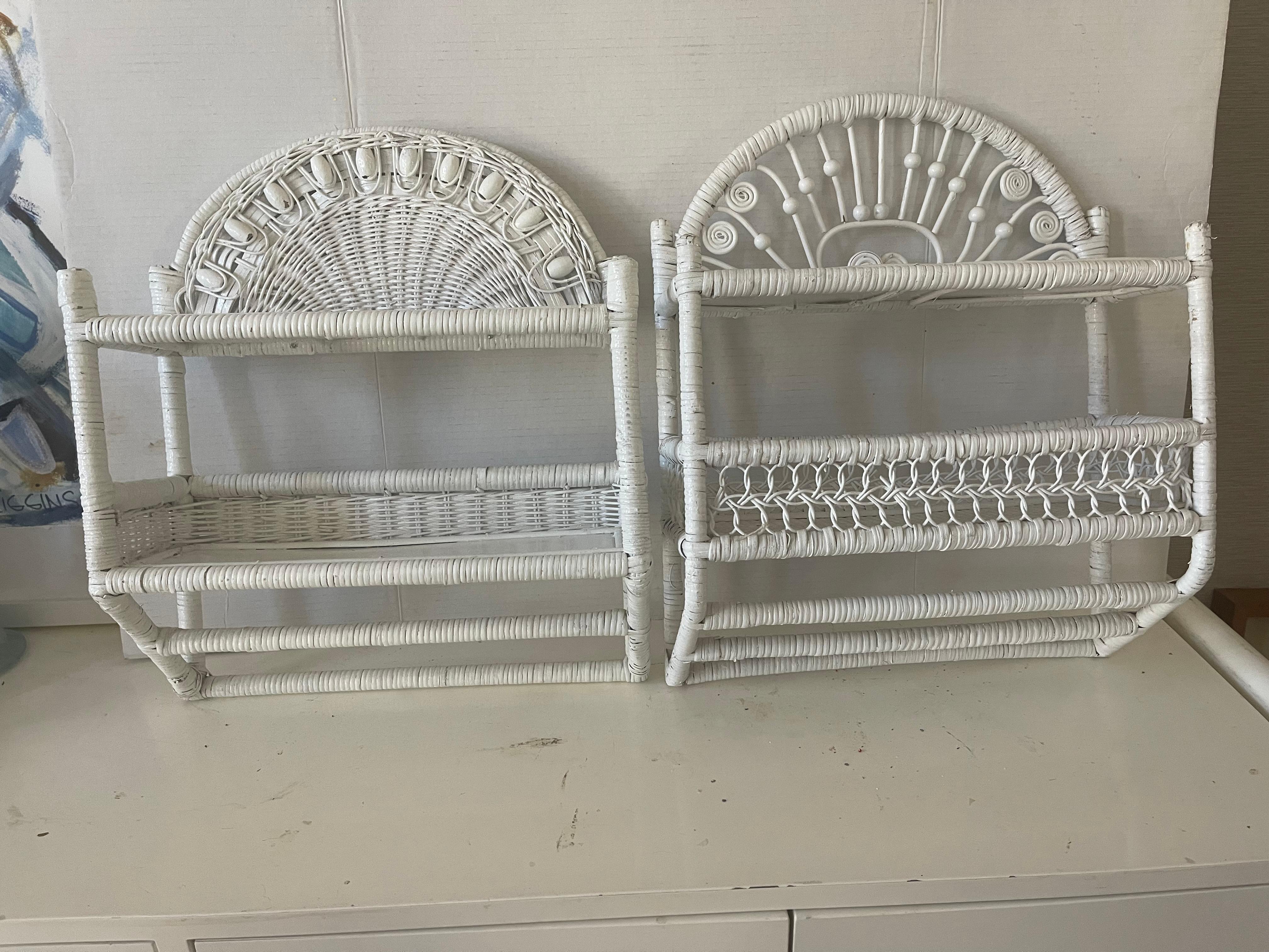 Near pair of white wicker bathroom shelves.