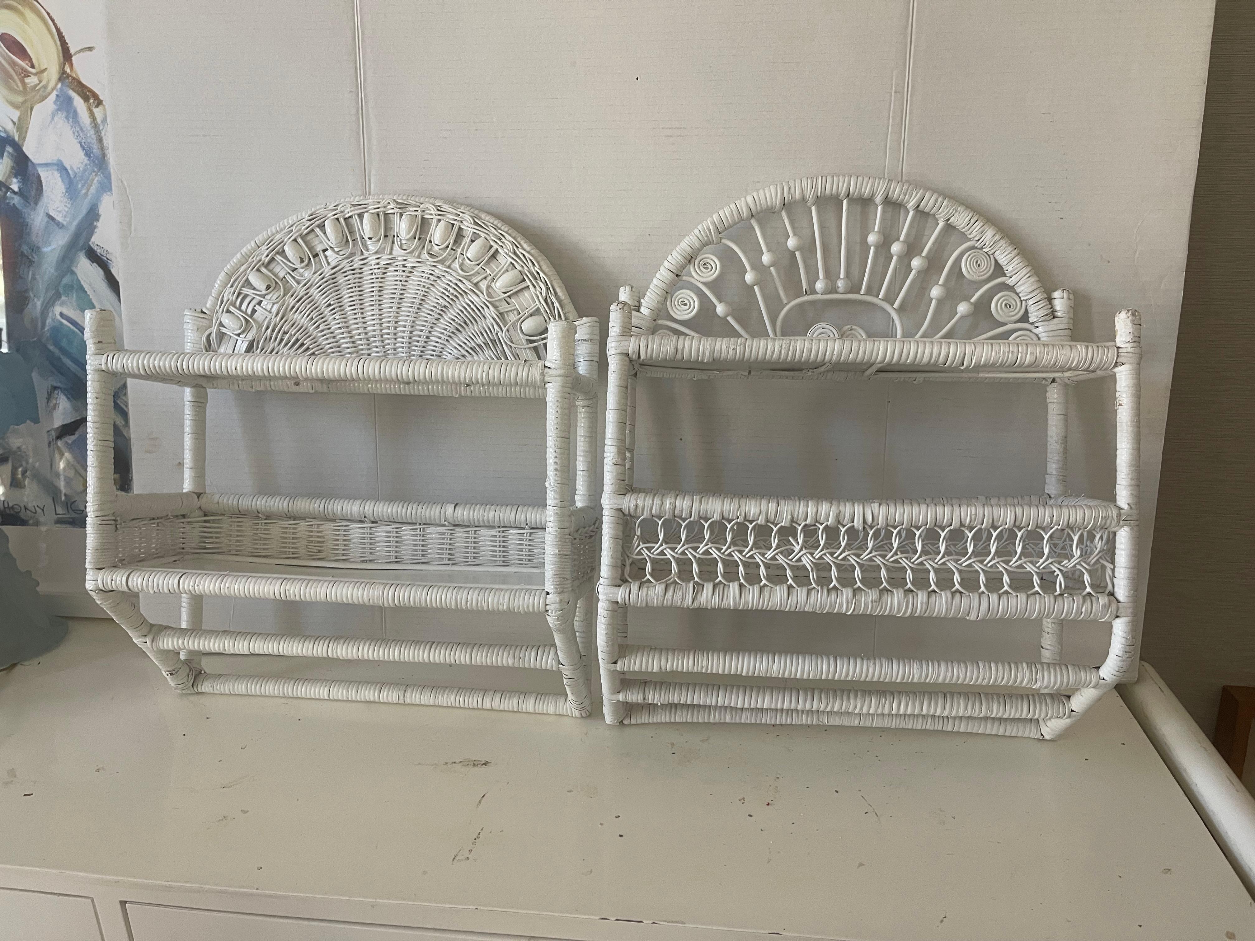 Mid-Century Modern Pair of White Wicker Bathroom Shelves For Sale