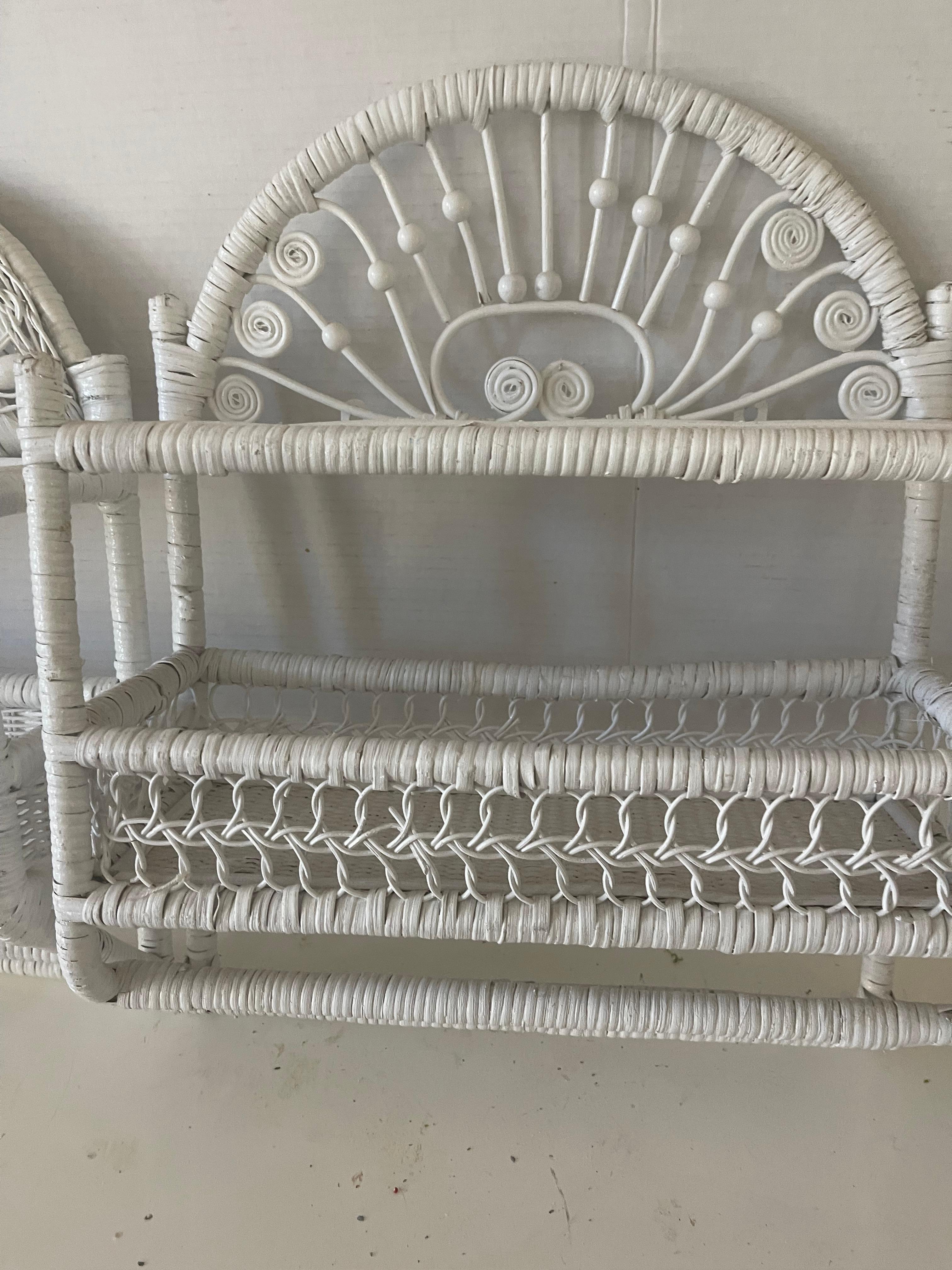 American Pair of White Wicker Bathroom Shelves For Sale
