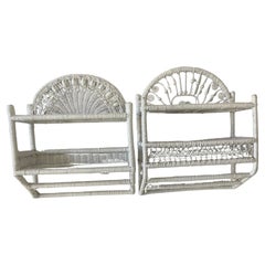 Vintage Pair of White Wicker Bathroom Shelves