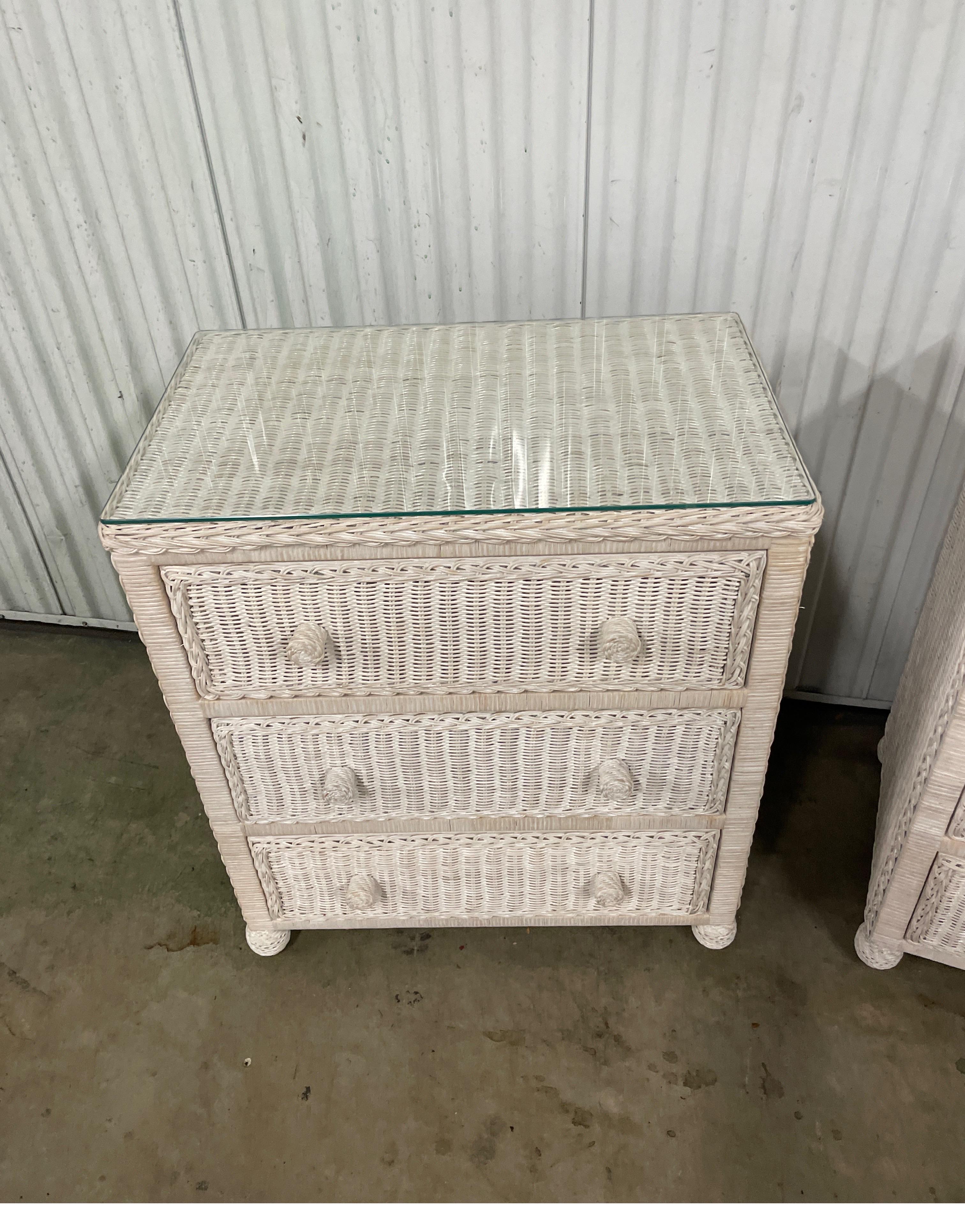Pair of White Wicker Dressers / Nightstands For Sale 1