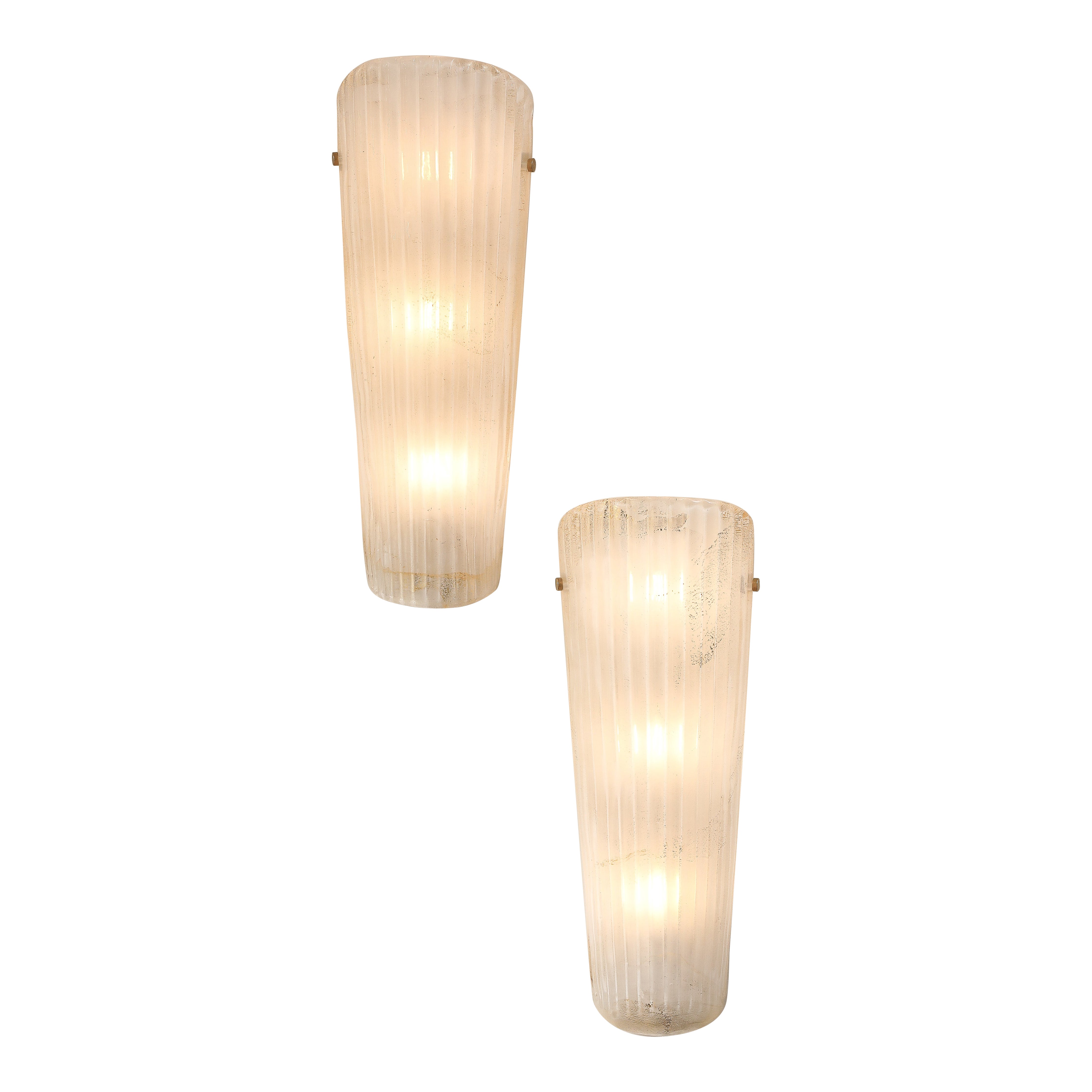 Pair of White with 23k Gold Murano Glass and Brass Sconces, Italy
