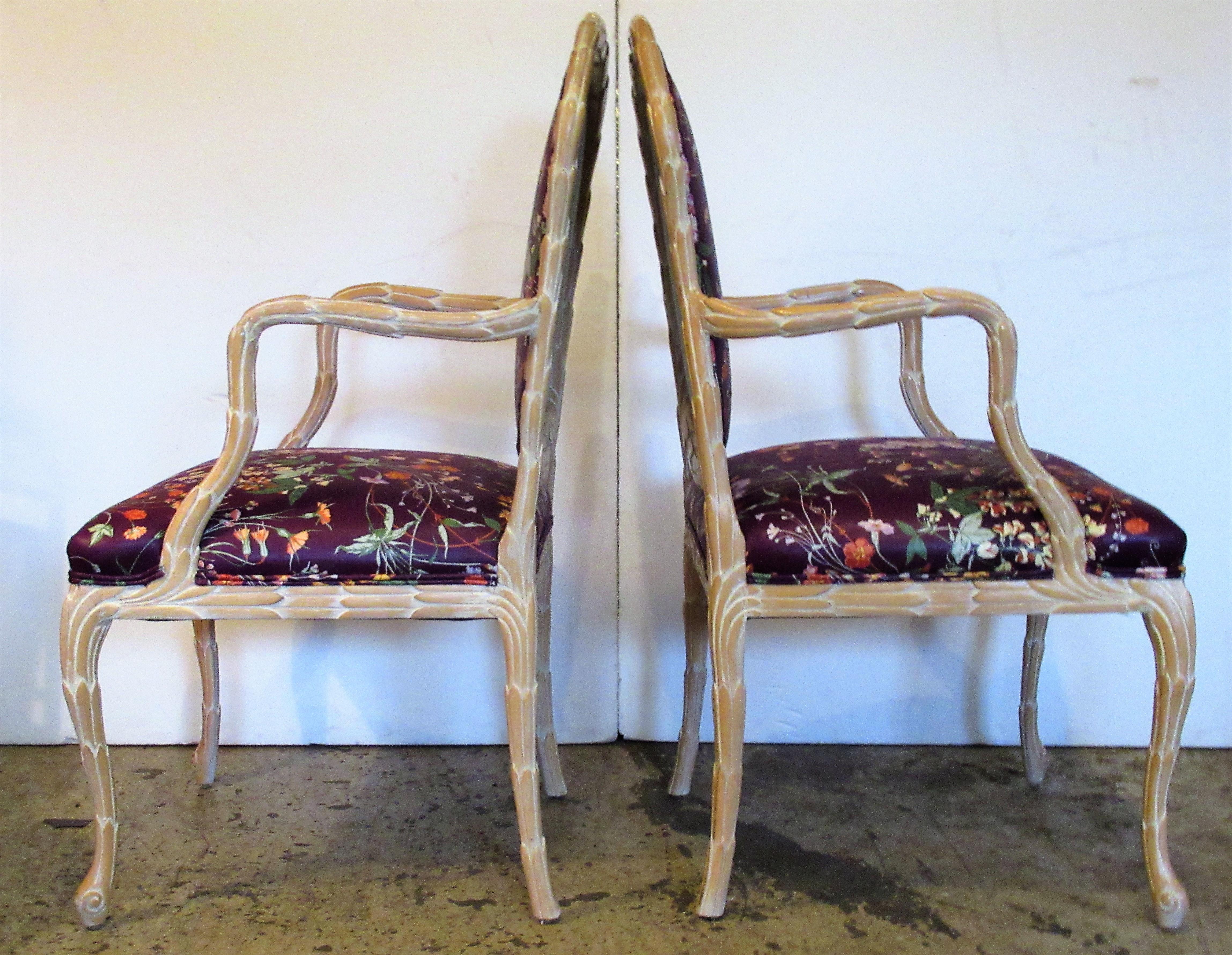 Fabric  Faux Bois Carved Wood Armchairs For Sale