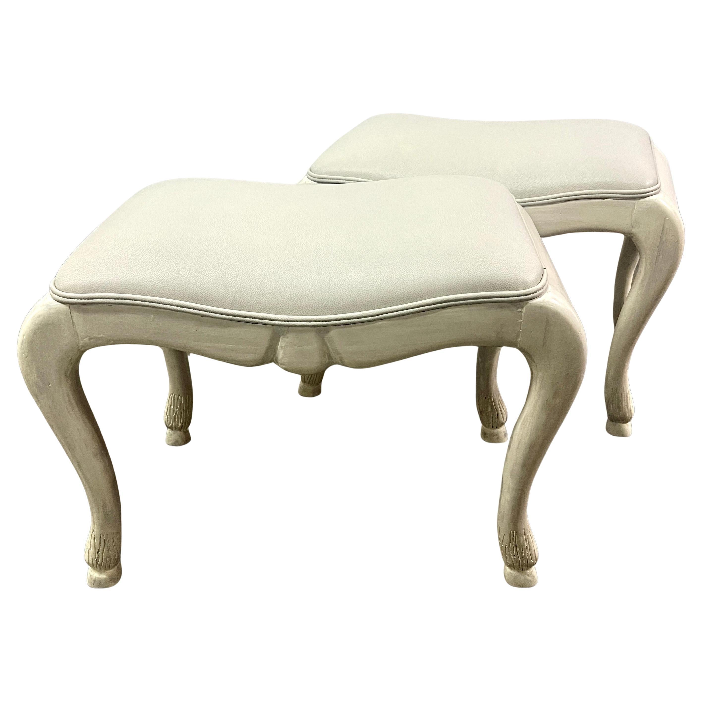 Pair of Whitewashed Hand Carved Benches with Hoof Feet and Leather Upholstery