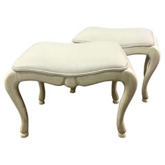Pair of Whitewashed Hand Carved Benches with Hoof Feet and Leather Upholstery