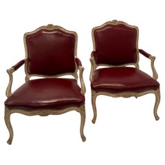 Pair of Whitewashed Wood and Sumptuous Leather Vintage Louis XV Armchairs