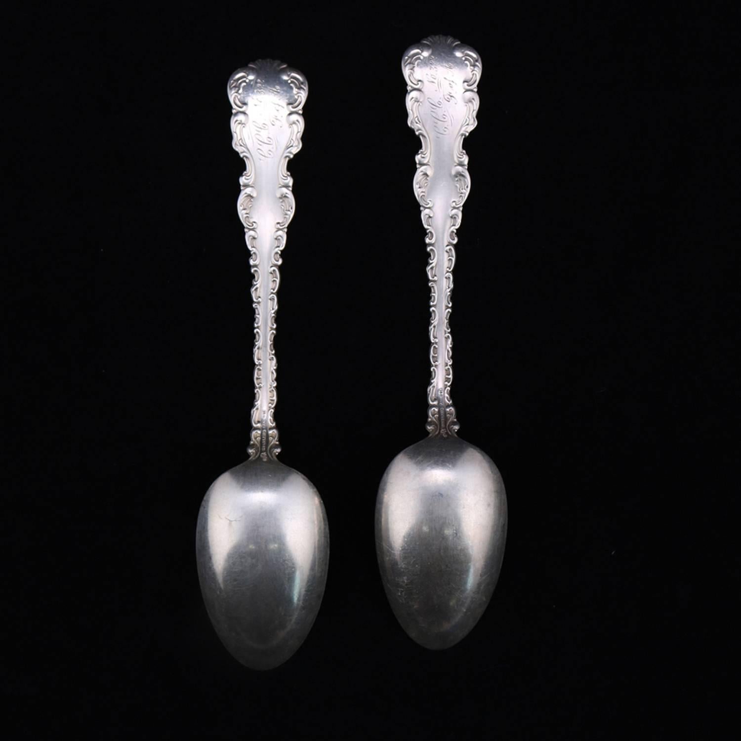 Pair of sterling silver tablespoons feature shaped handles with foliate decoration and central monogram, en verso whiting sterling silver, 3.44 toz, circa 1905

***DELIVERY NOTICE – Due to COVID-19 we are employing NO-CONTACT PRACTICES in the