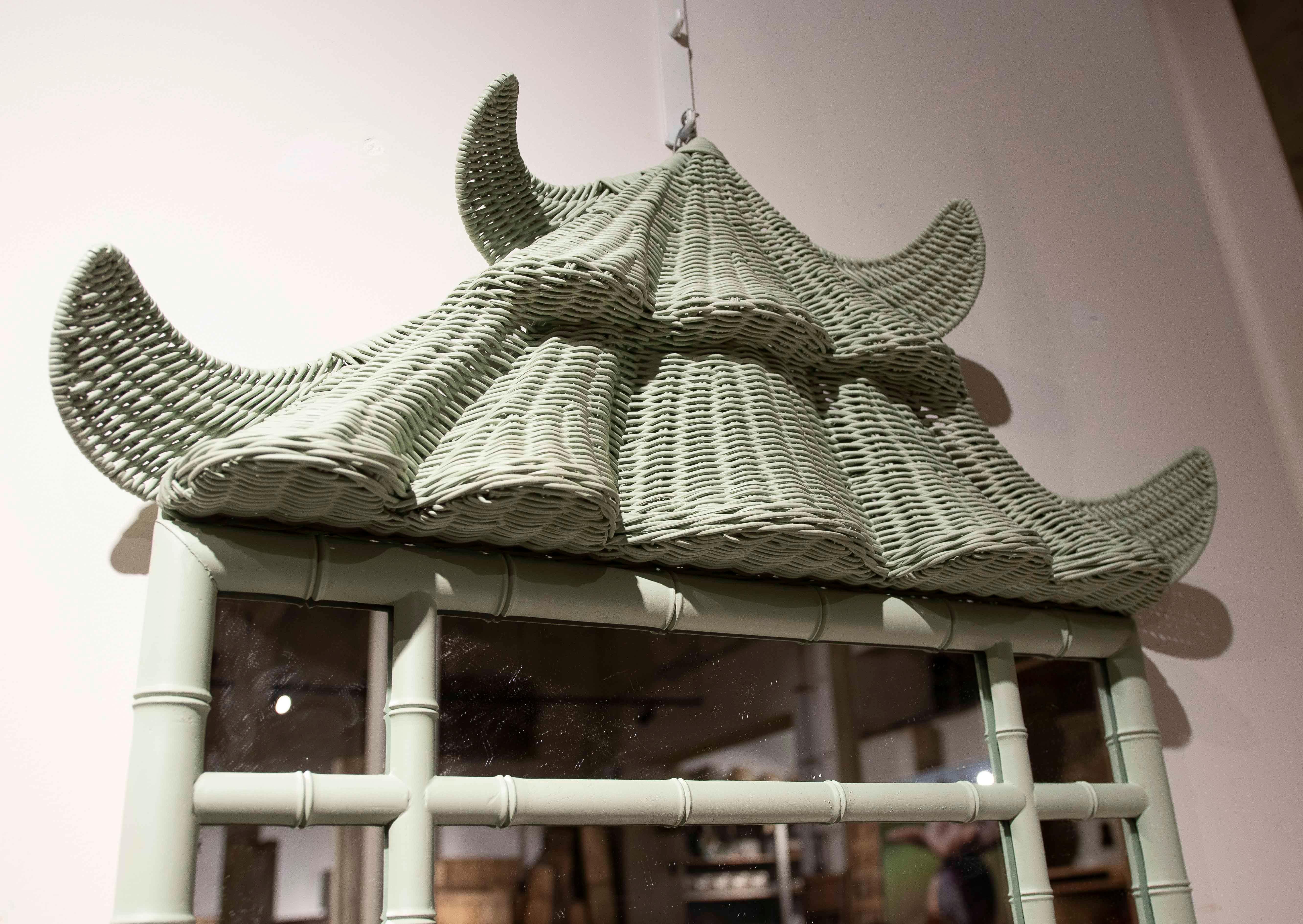 European Pair of Wicker and Bamboo Imitation Wood Mirrors in Chinoiserie Style For Sale