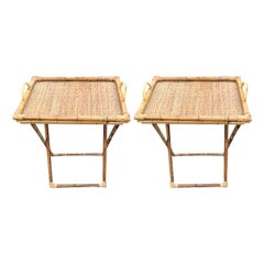 Vintage Pair of Wicker and Bamboo Tray Tables