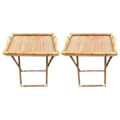 Vintage Pair of Wicker and Bamboo Tray Tables