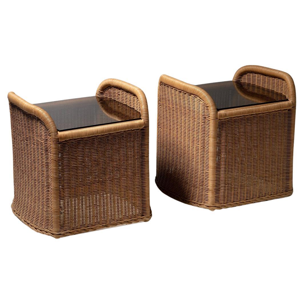 Paire de tables de nuit en osier et verre par Adalberto Dal Lago pour Germa en vente