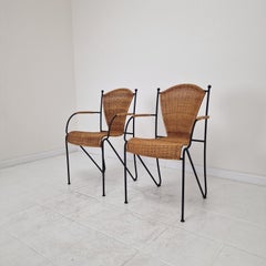 Pair of Wicker and Iron Armchairs by Frederic Weinberg, USA, 1950s