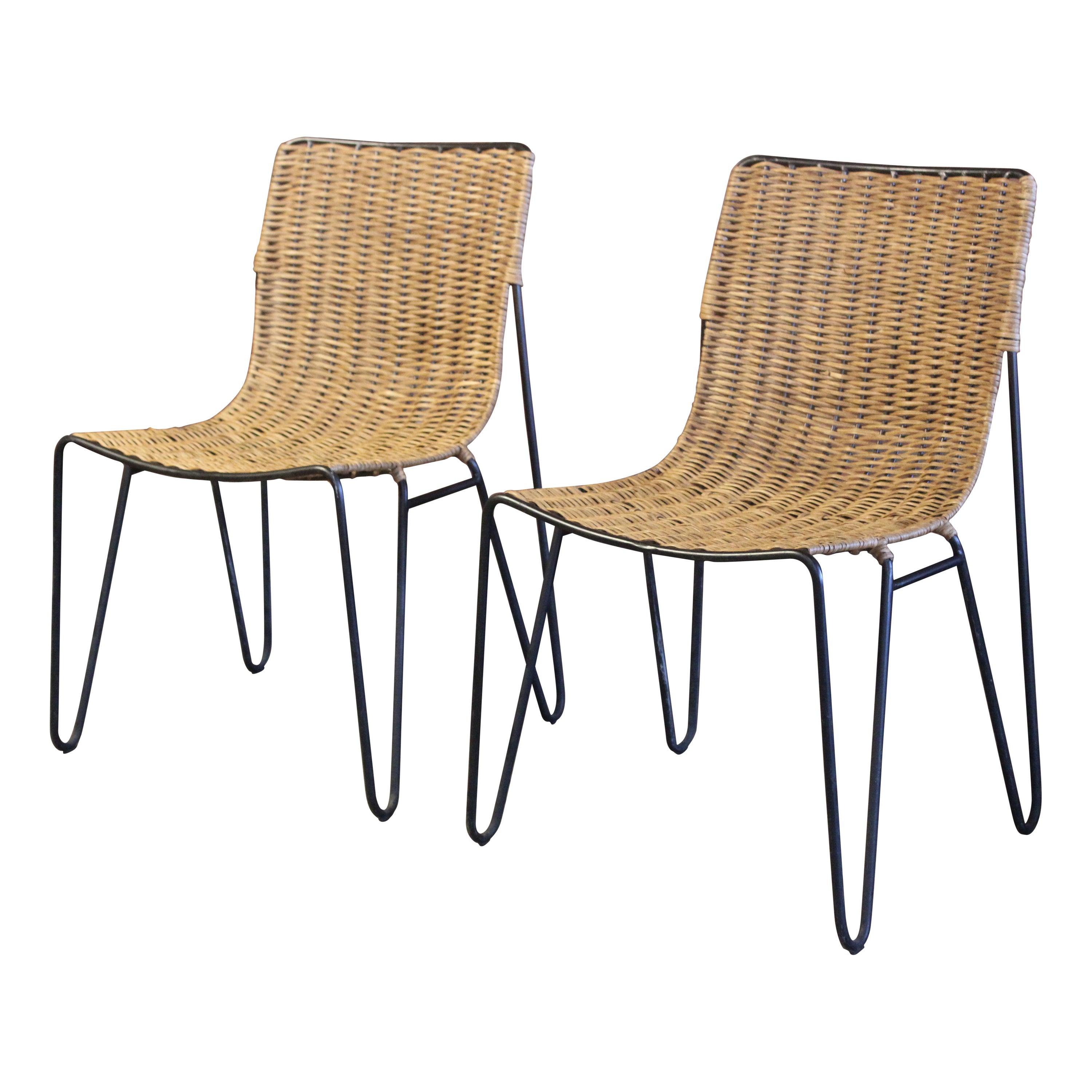 Pair of Wicker and Iron Side Chairs For Sale