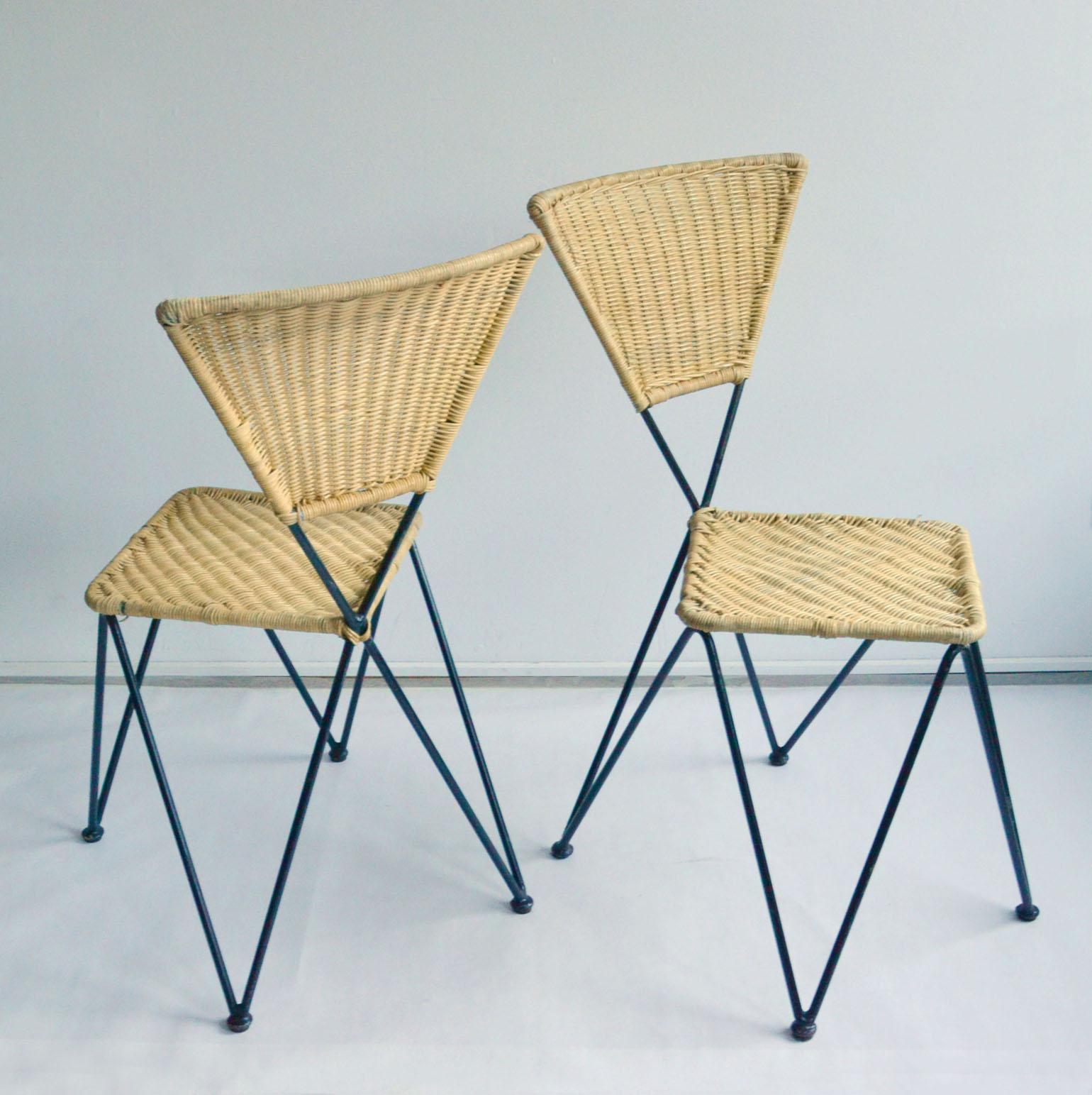 Mid-Century Modern Pair of Wicker and Metal Dining Chairs, Vienna, 1950