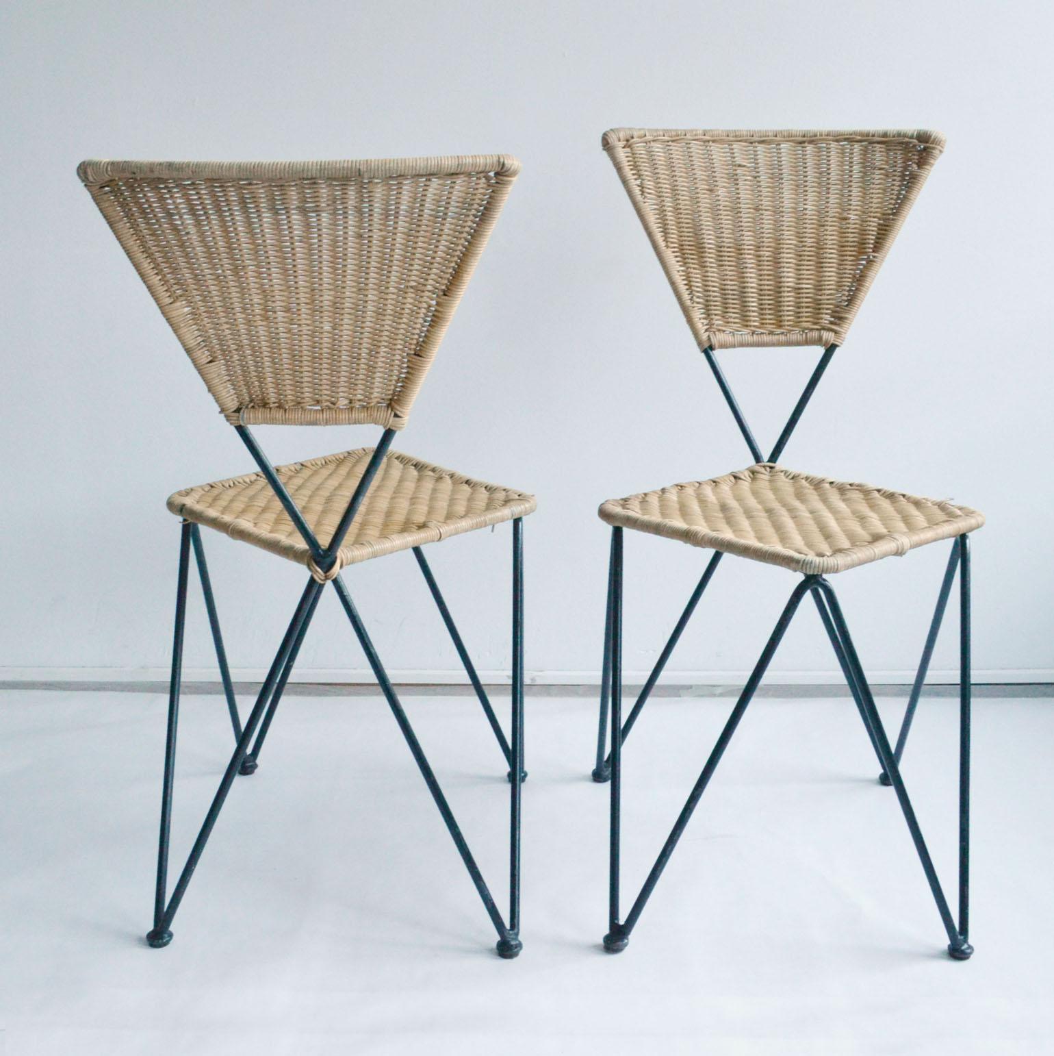 Metalwork Pair of Wicker and Metal Dining Chairs, Vienna, 1950