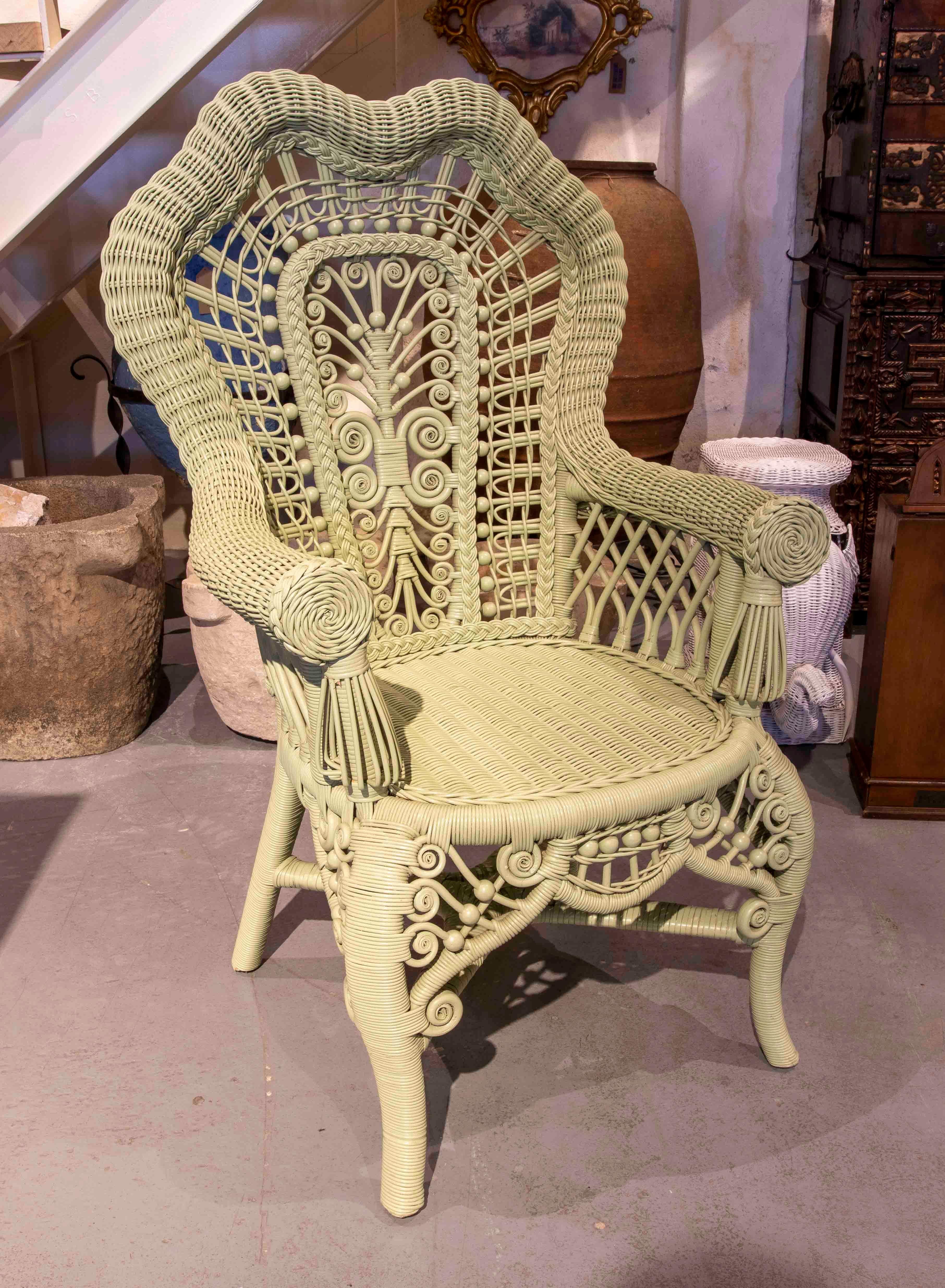 European Pair of Wicker and Wooden Armchairs Painted in Green  For Sale