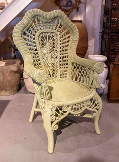 Pair of Wicker and Wooden Armchairs Painted in Green