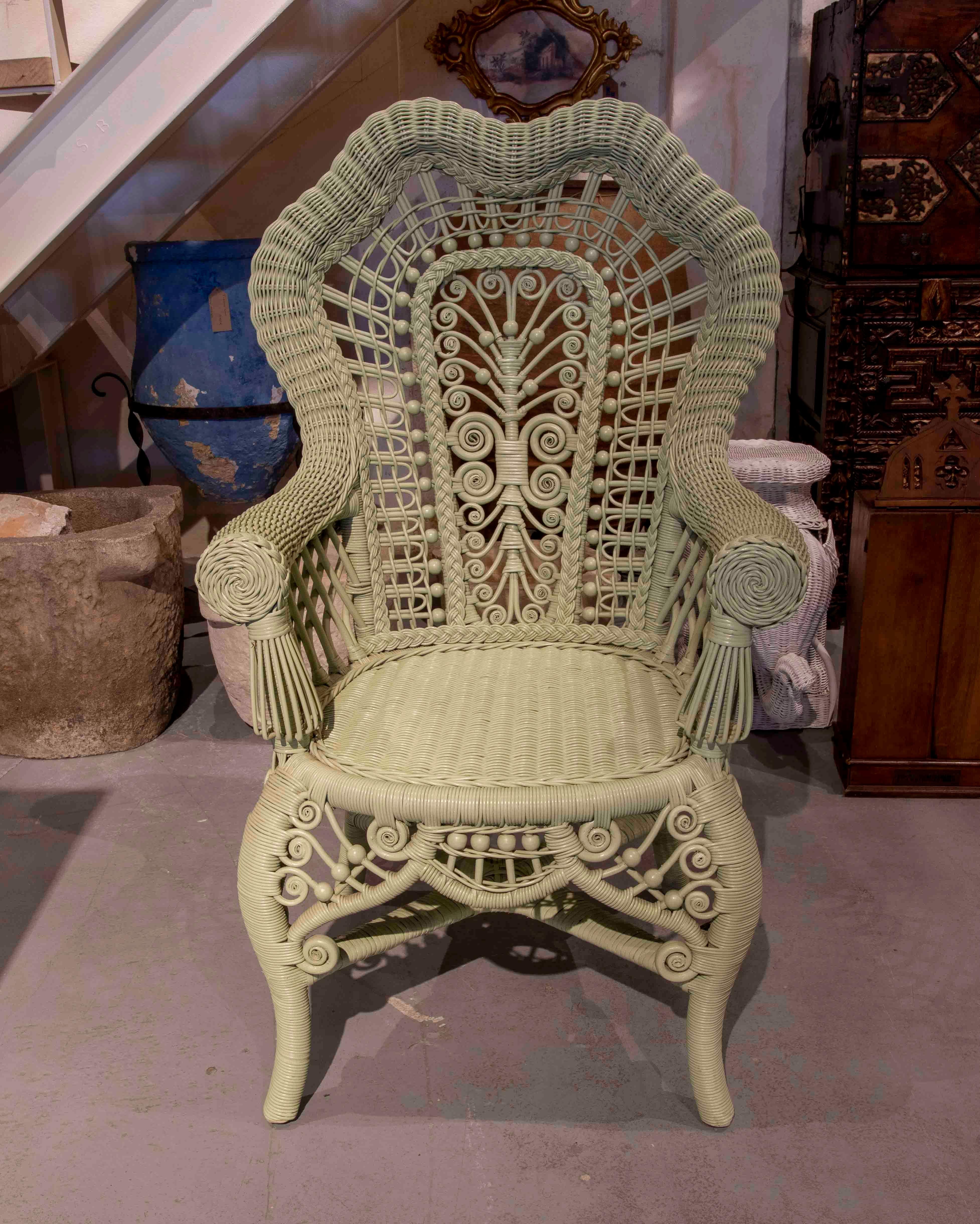 Pair of Wicker and Wooden Armchairs Painted in Green  In Good Condition For Sale In Marbella, ES