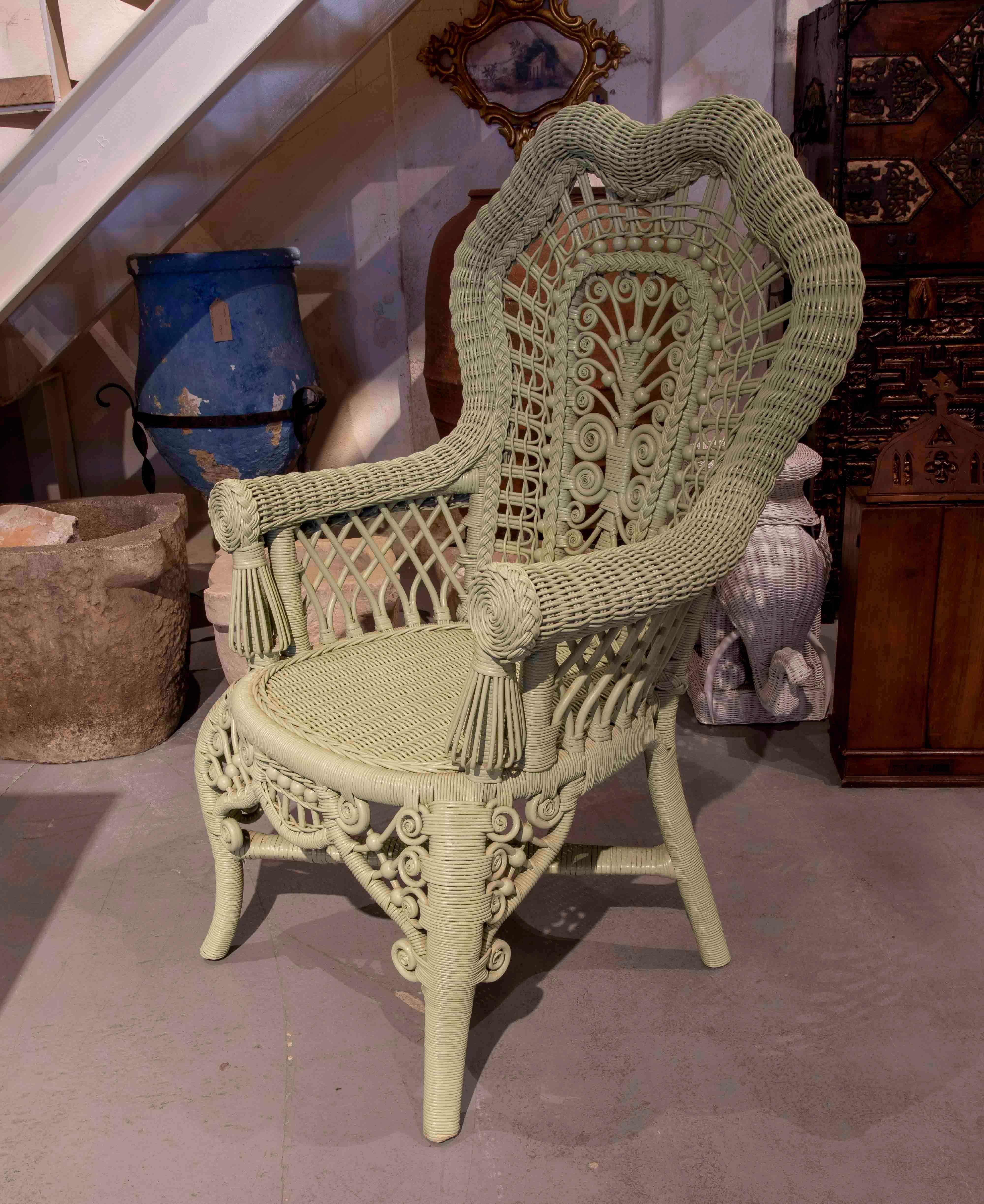 Contemporary Pair of Wicker and Wooden Armchairs Painted in Green  For Sale