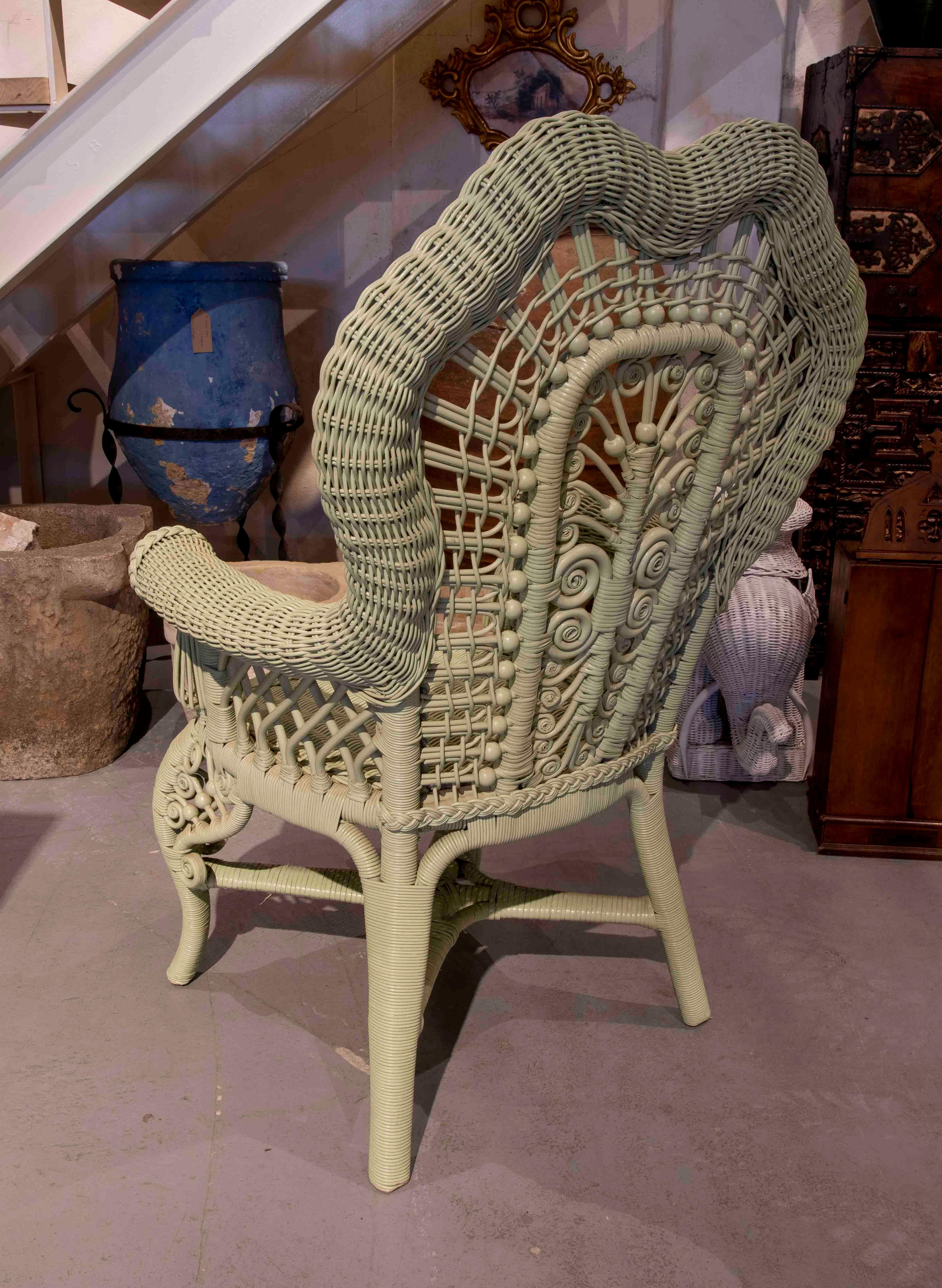 Pair of Wicker and Wooden Armchairs Painted in Green  For Sale 1