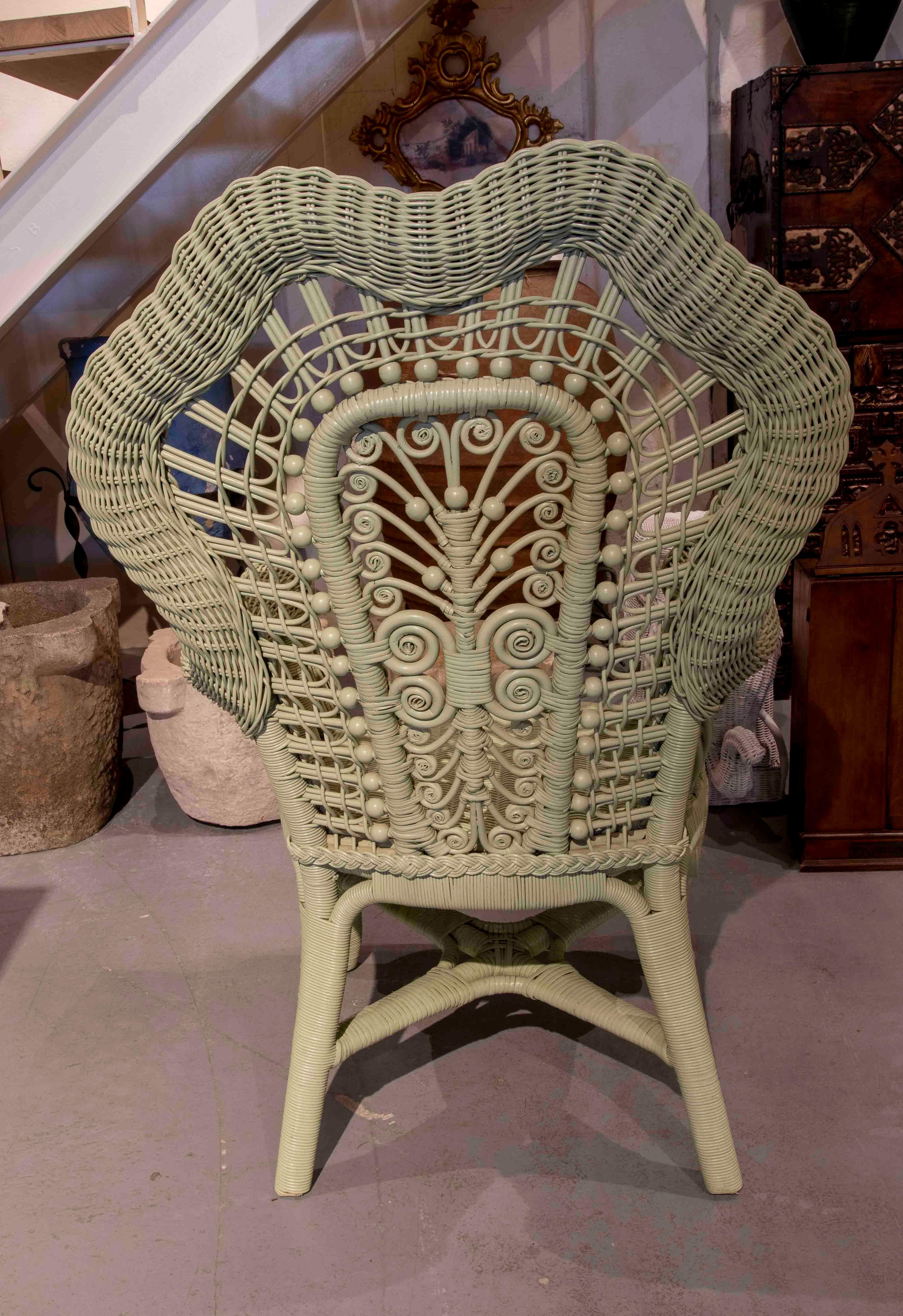 Pair of Wicker and Wooden Armchairs Painted in Green  For Sale 2