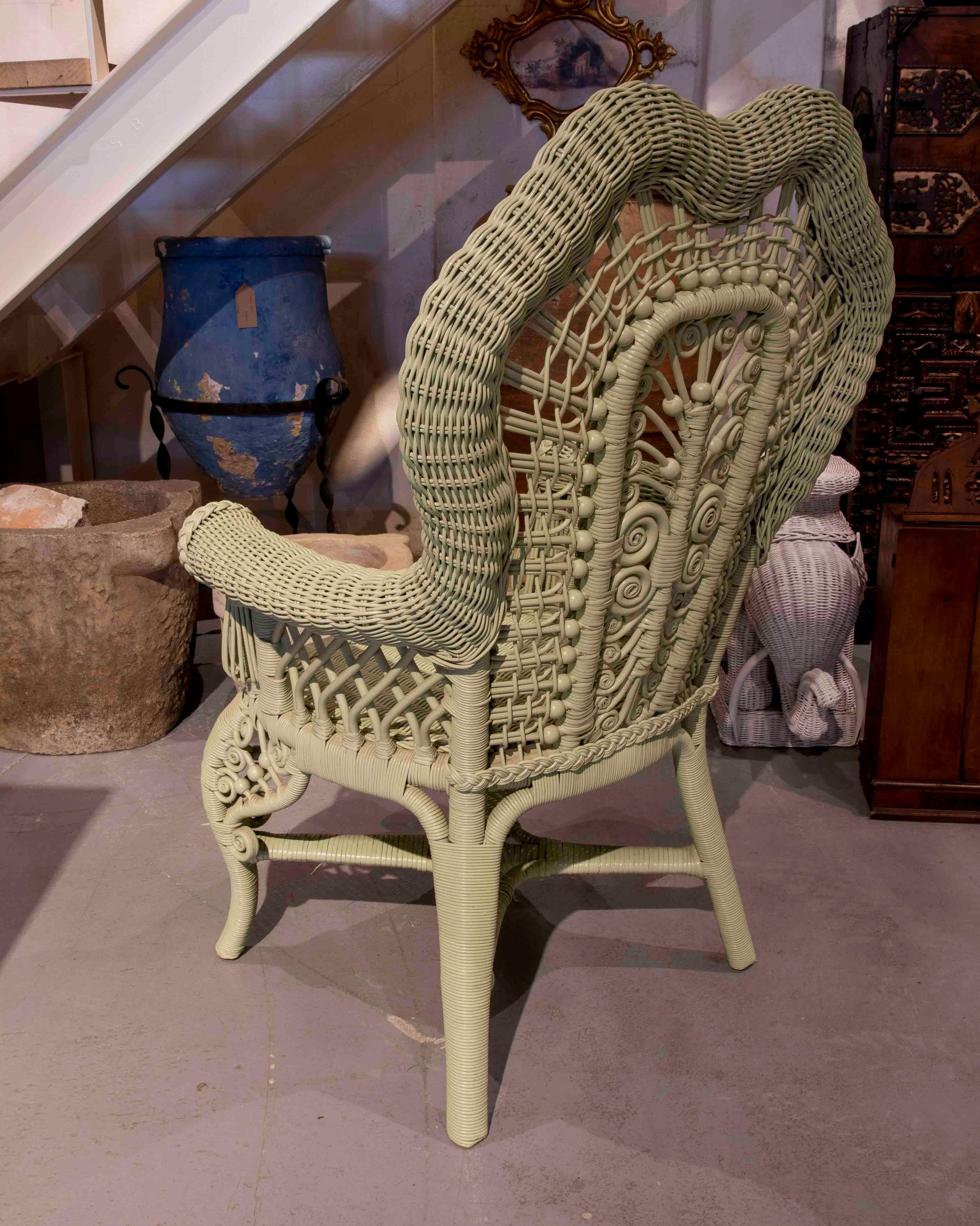 Pair of Wicker and Wooden Armchairs Painted in Green  For Sale 3