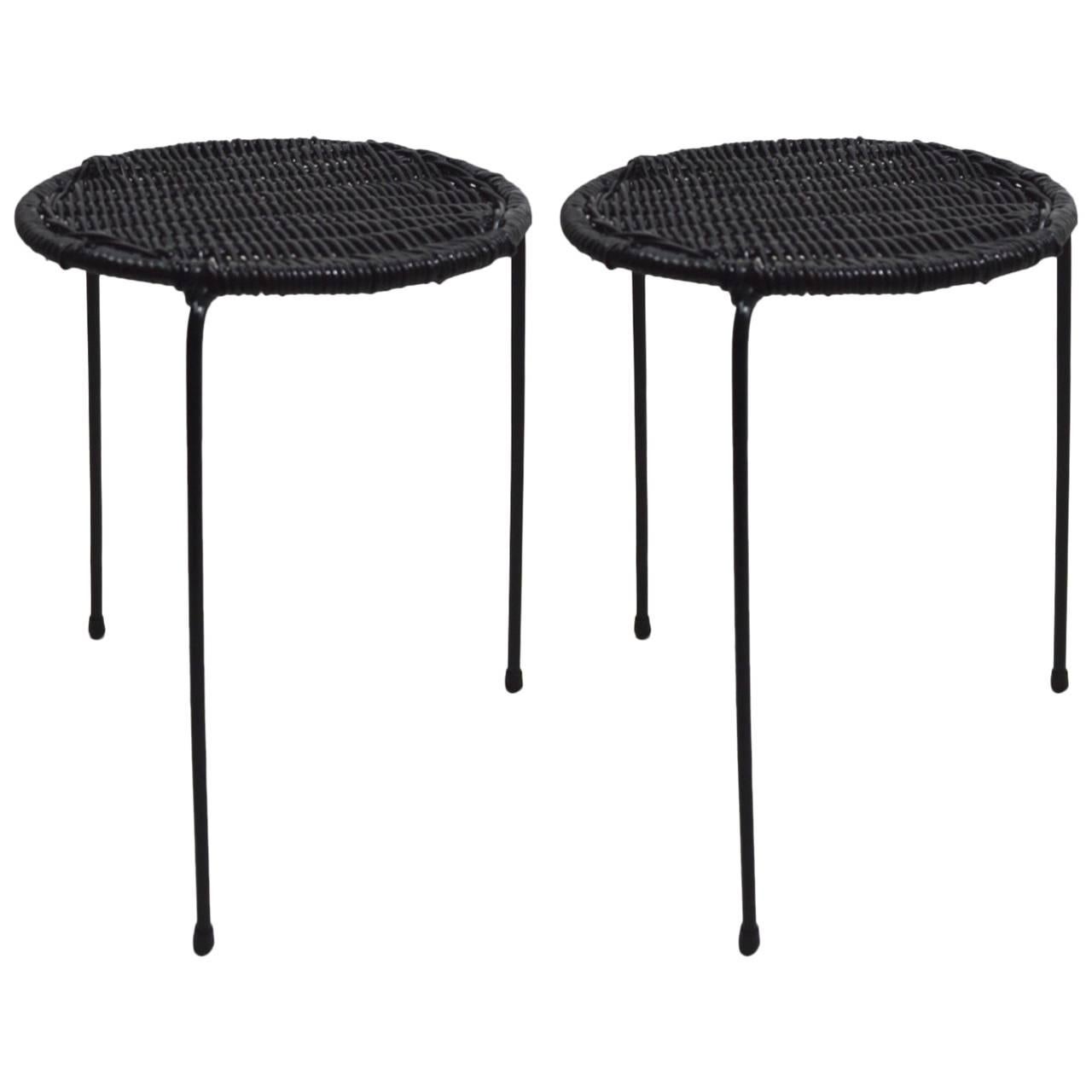 Pair of Wicker and Wrought Iron Stands by Umanoff