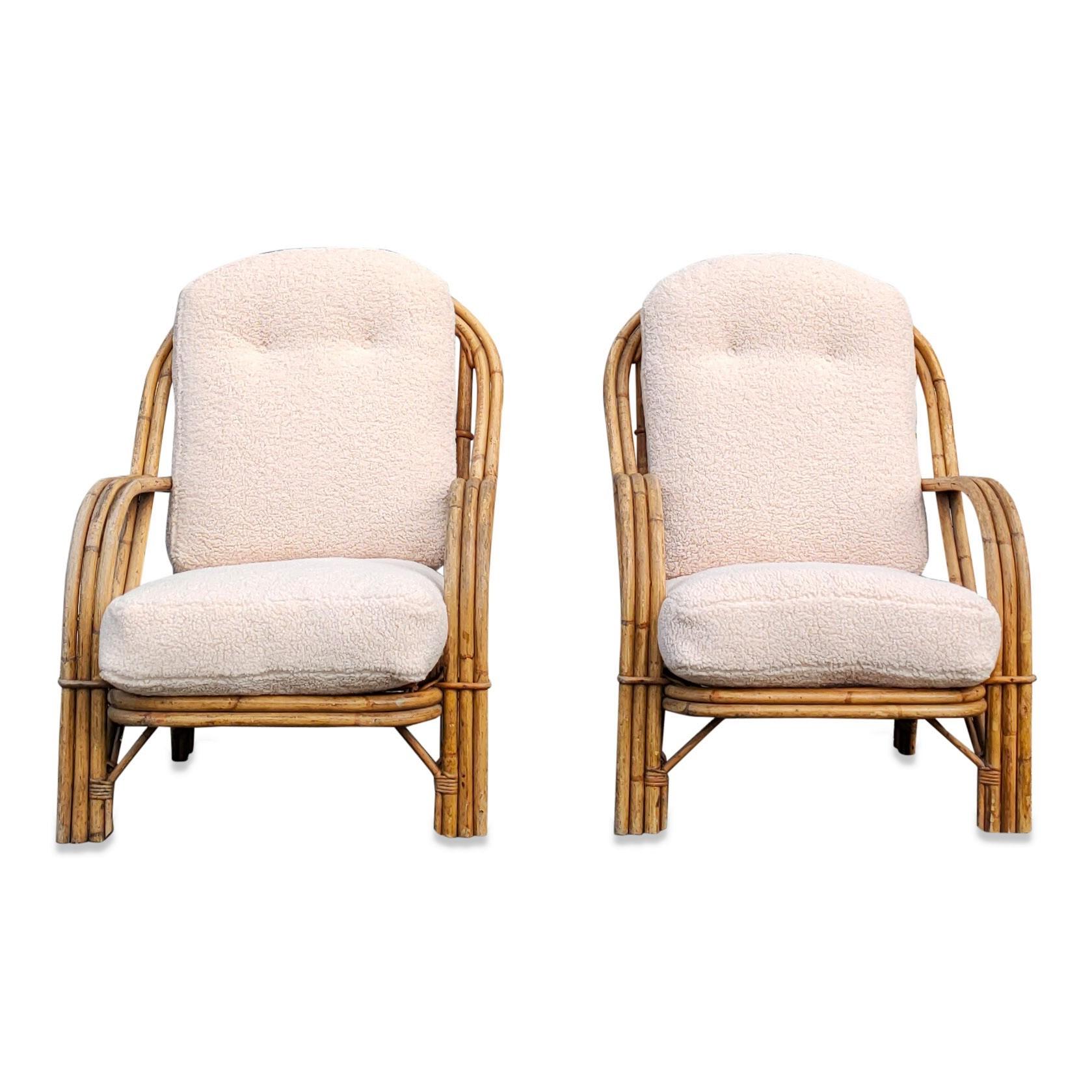 Rattan chairs by French designers Adrien Audoux and Frida Minnet
Golfe Juan
French Riviera
in good vintage condition
freshly upholstered cushions in creme bouclé
These chairs will ship out of France and can be returned to either France or